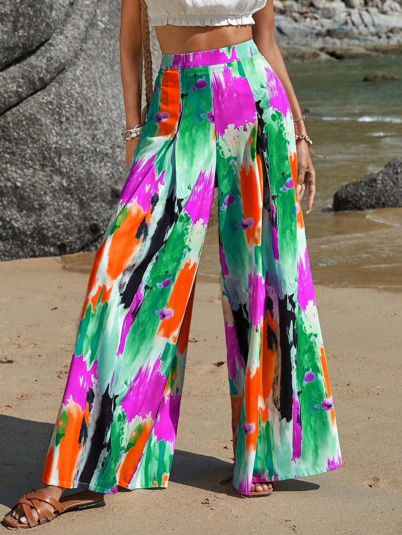 Brush Print Wide Leg Pants