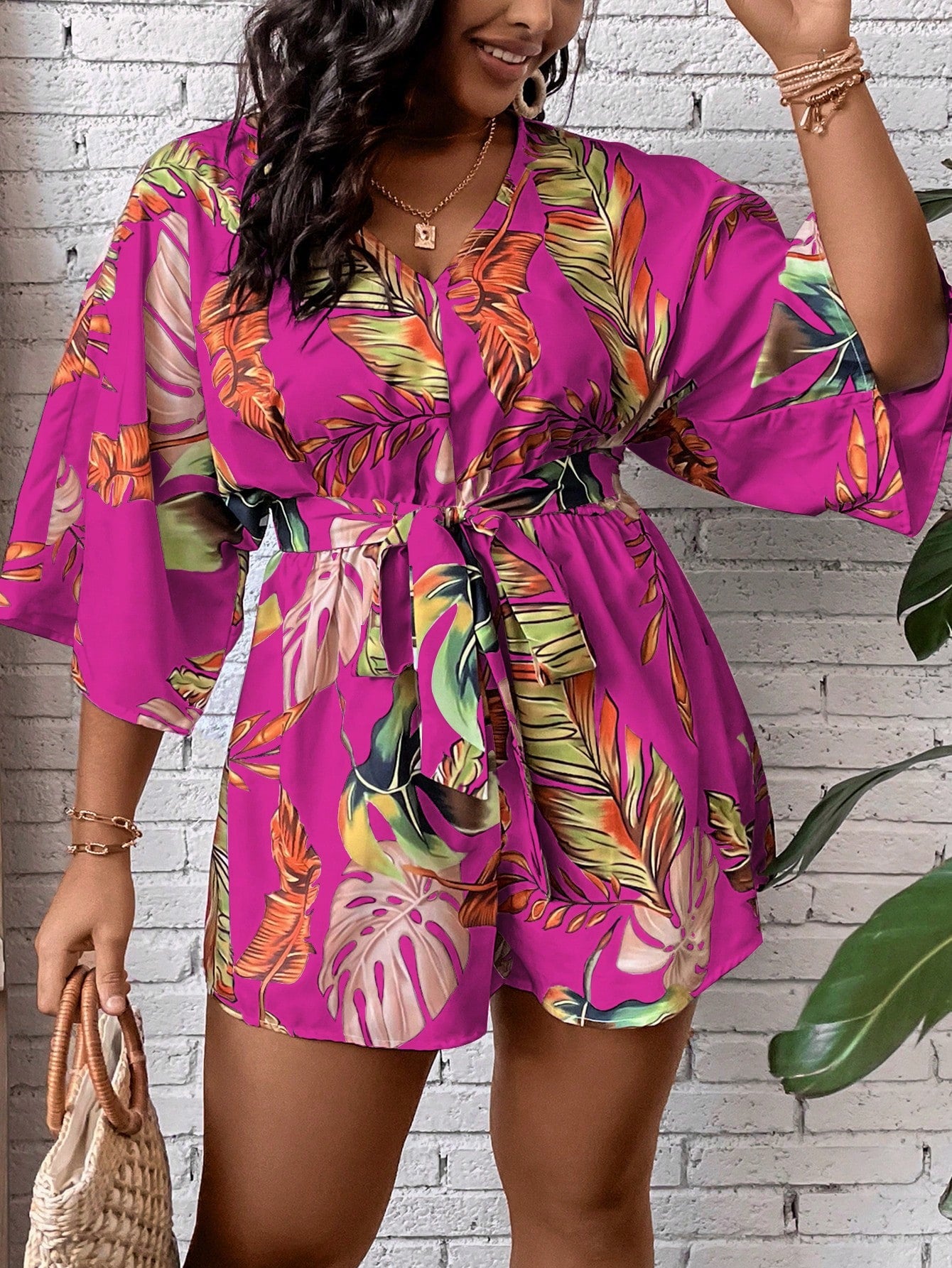Plus Tropical Print Belted Romper
