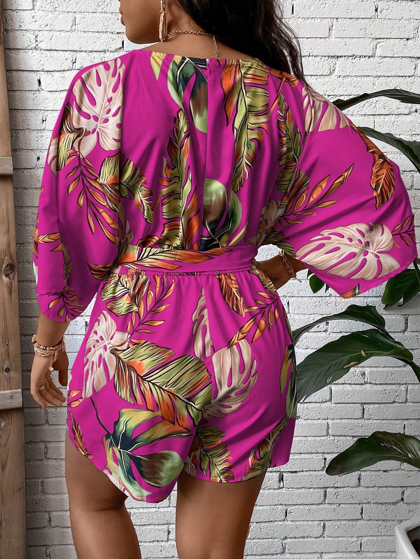 Plus Tropical Print Belted Romper
