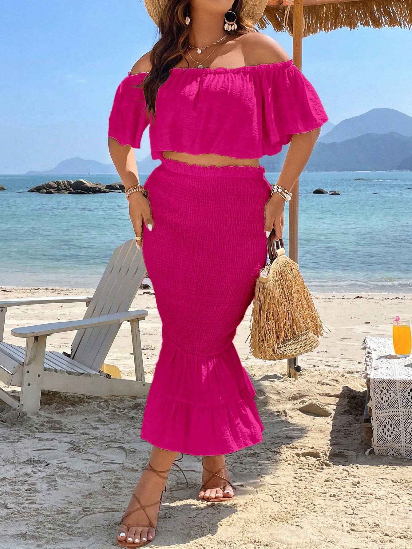 Plus Off Shoulder Crop Top Mermaid Hem Skirt