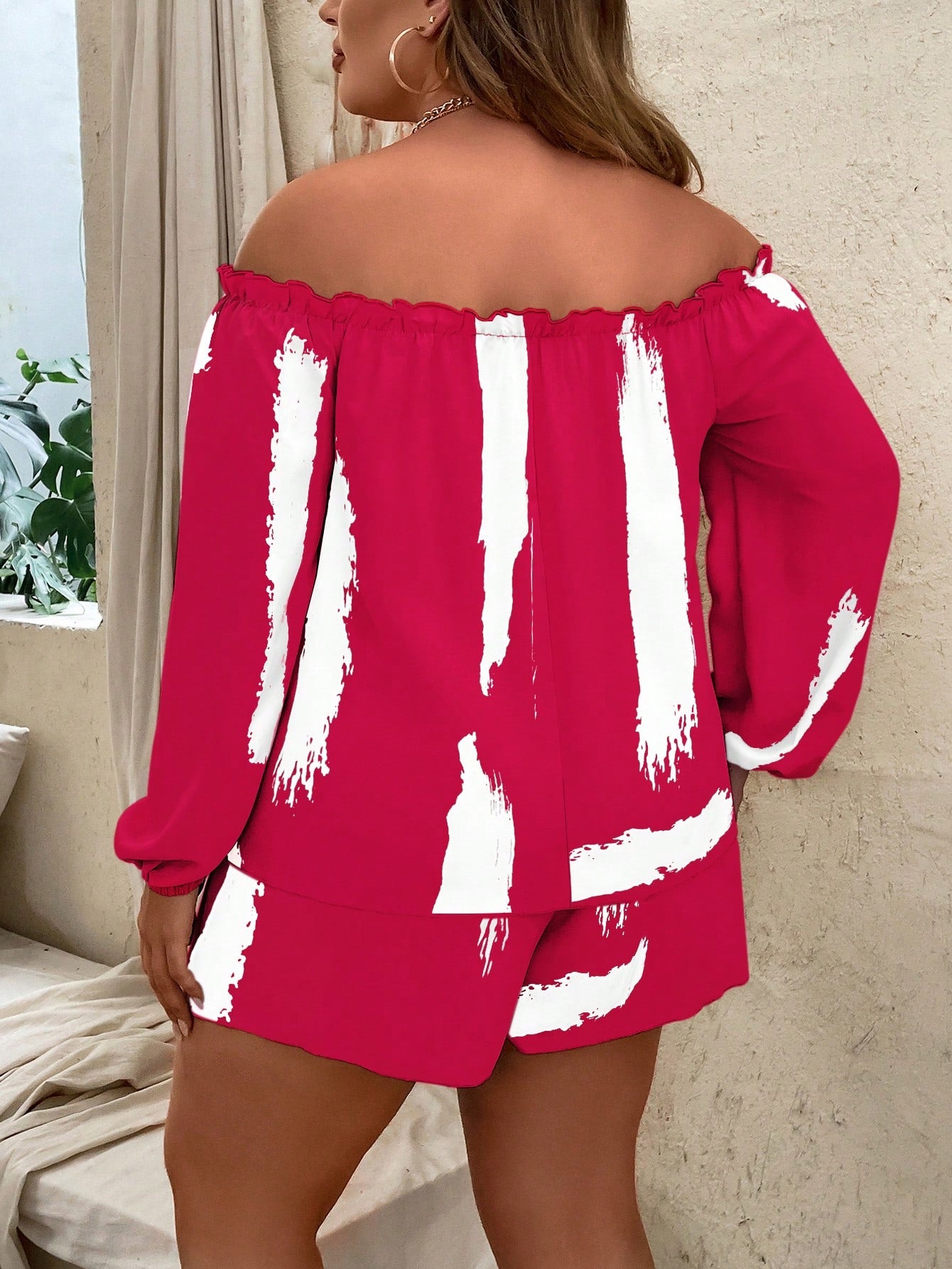 Plus Brush Print Off Shoulder Lantern Sleeve Top Shorts