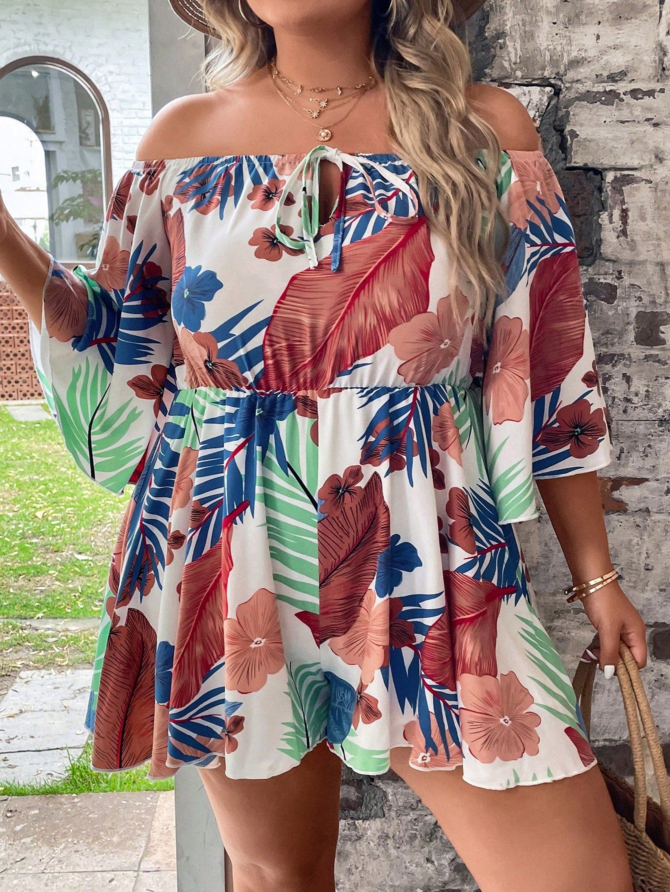 Plus Tropical Print Off Shoulder Knot Front Romper
