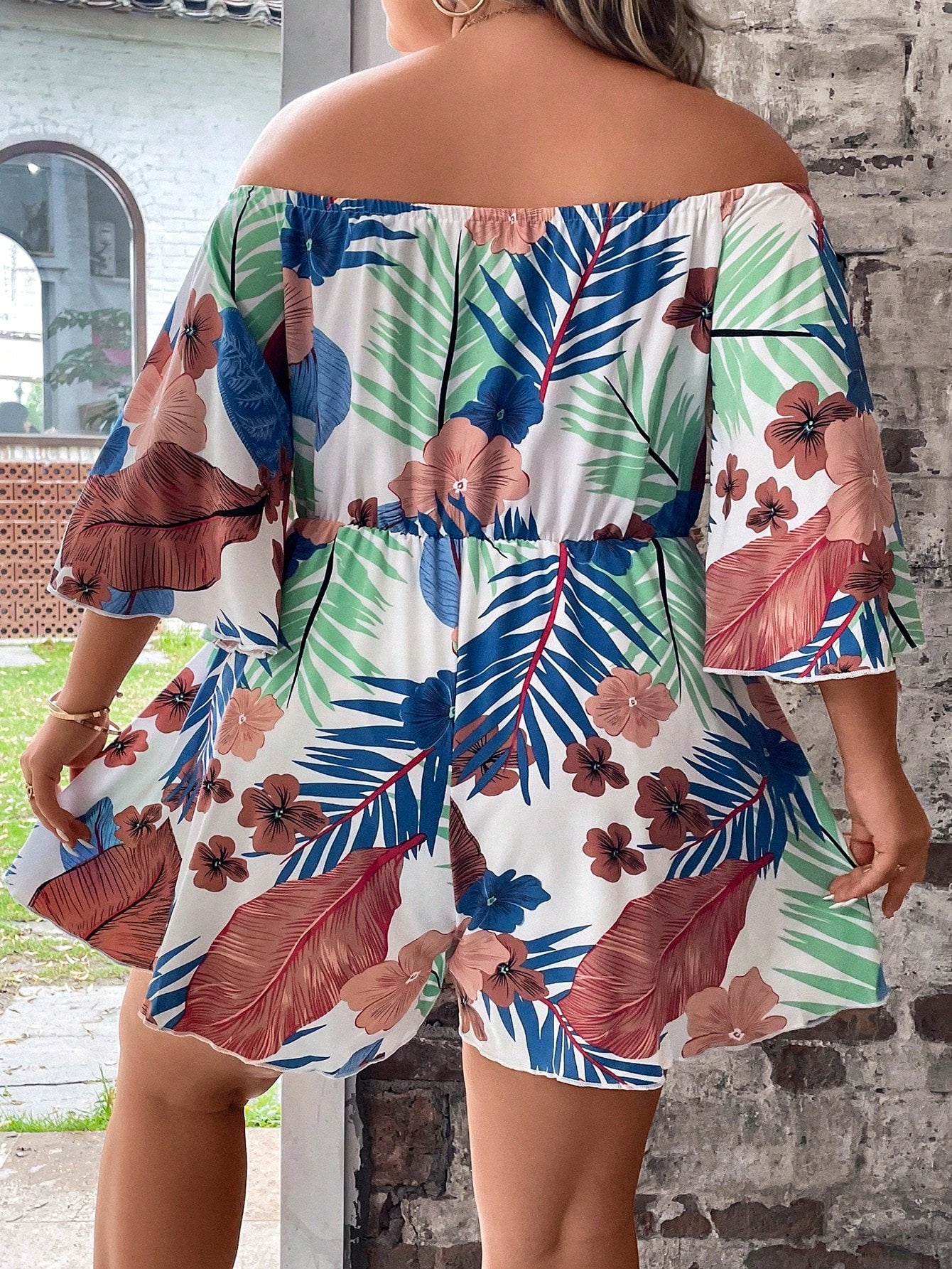 Plus Tropical Print Off Shoulder Knot Front Romper