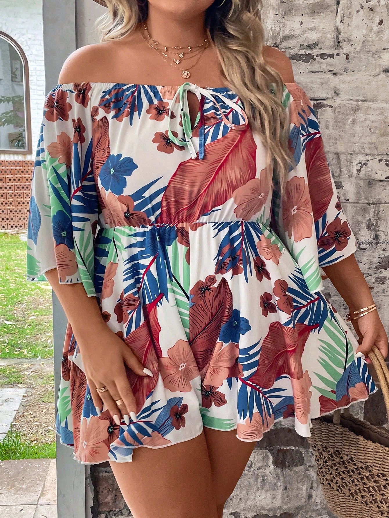 Plus Tropical Print Off Shoulder Knot Front Romper