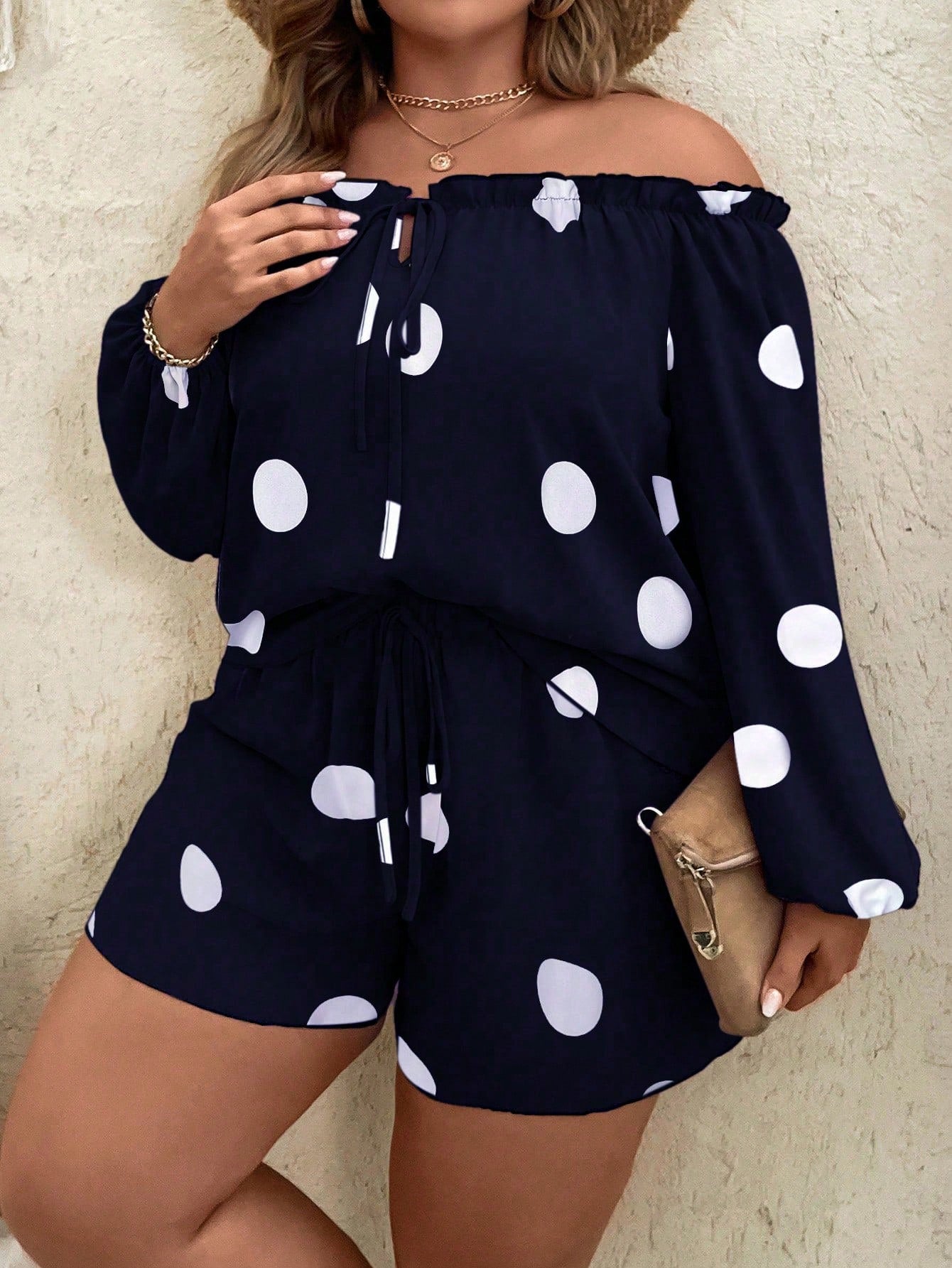 Plus Polka Dot Print Off Shoulder Lantern Sleeve Blouse Tie Front Shorts