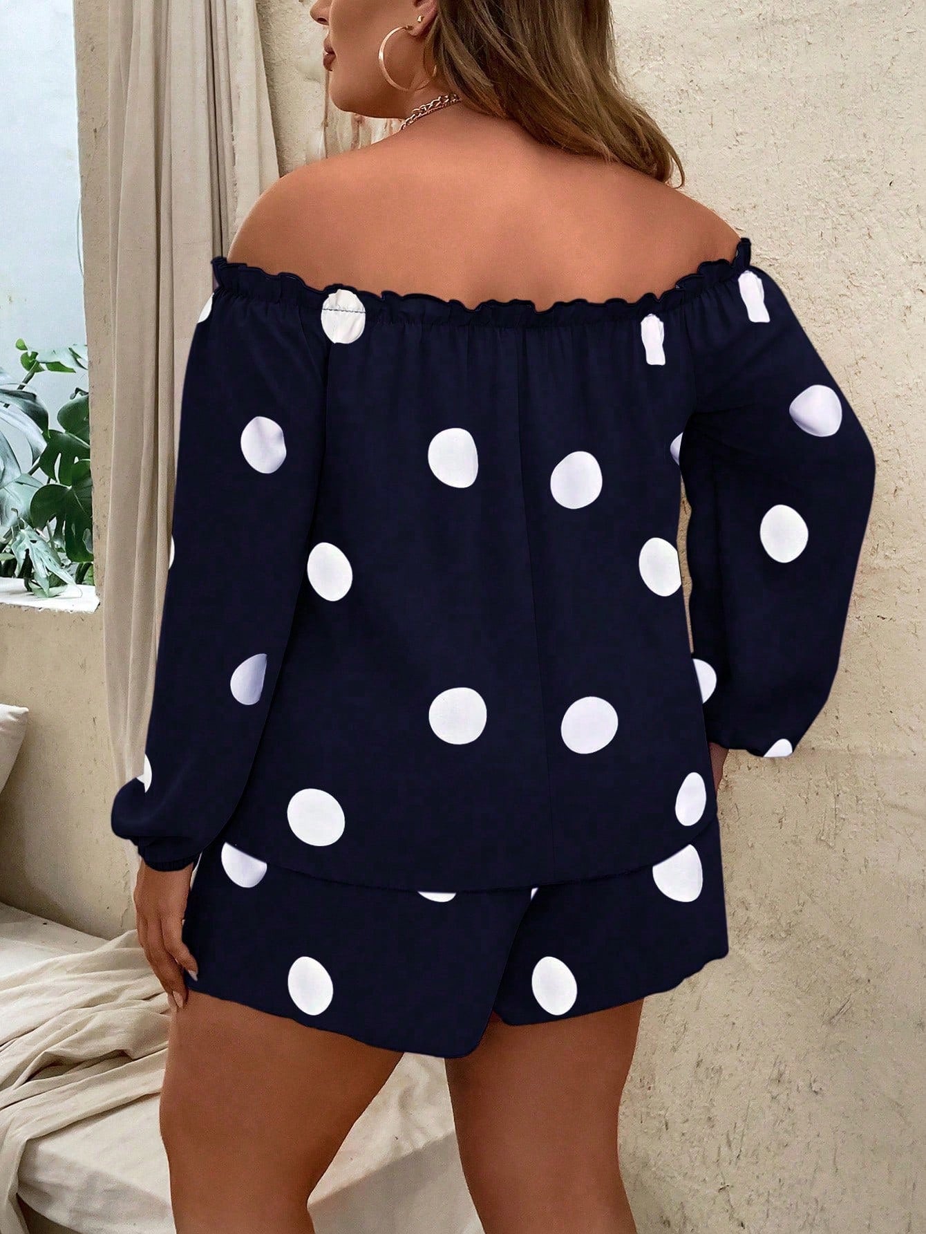 Plus Polka Dot Print Off Shoulder Lantern Sleeve Blouse Tie Front Shorts