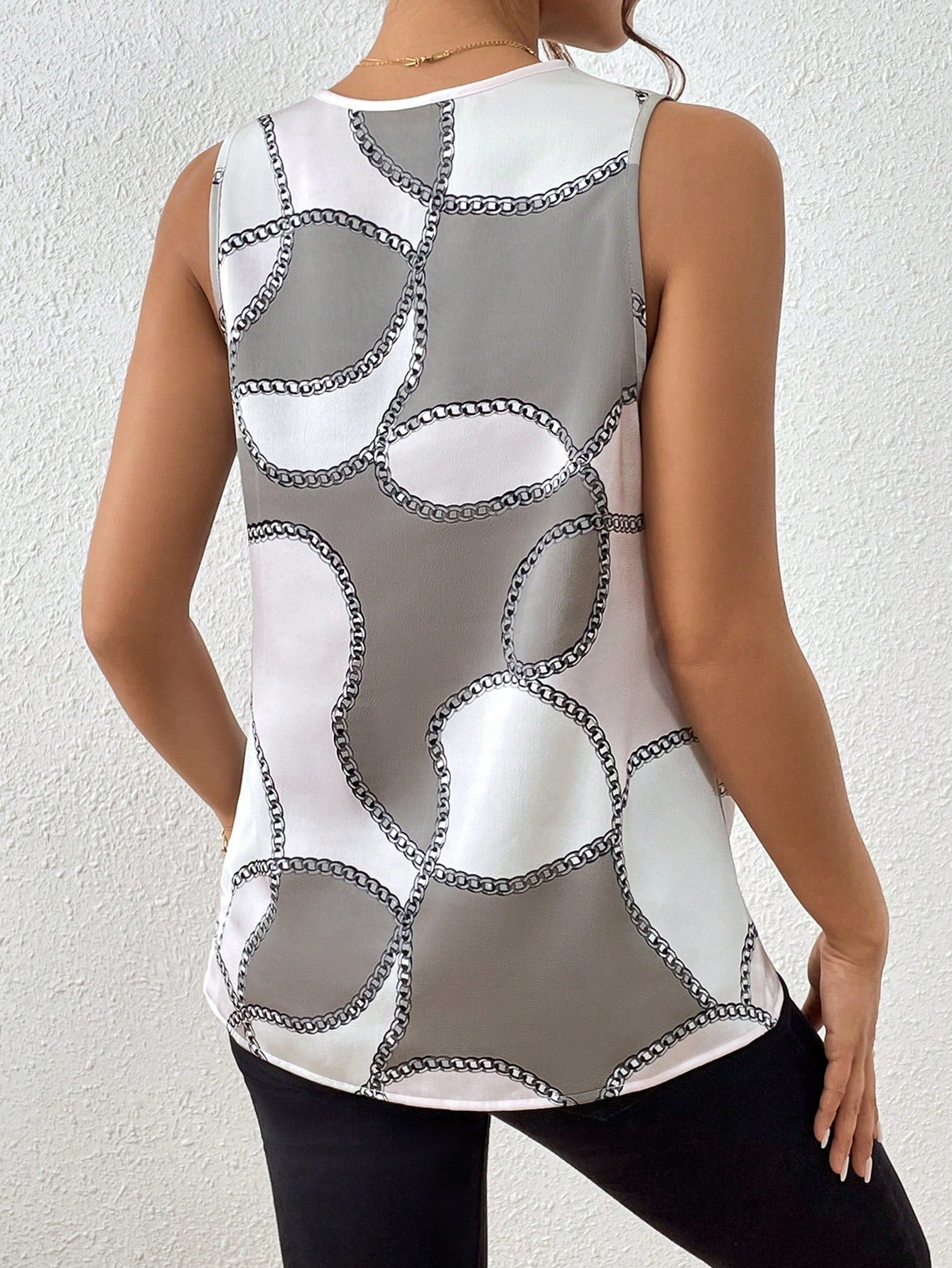 Chain Print Draped Collar Sleeveless Blouse