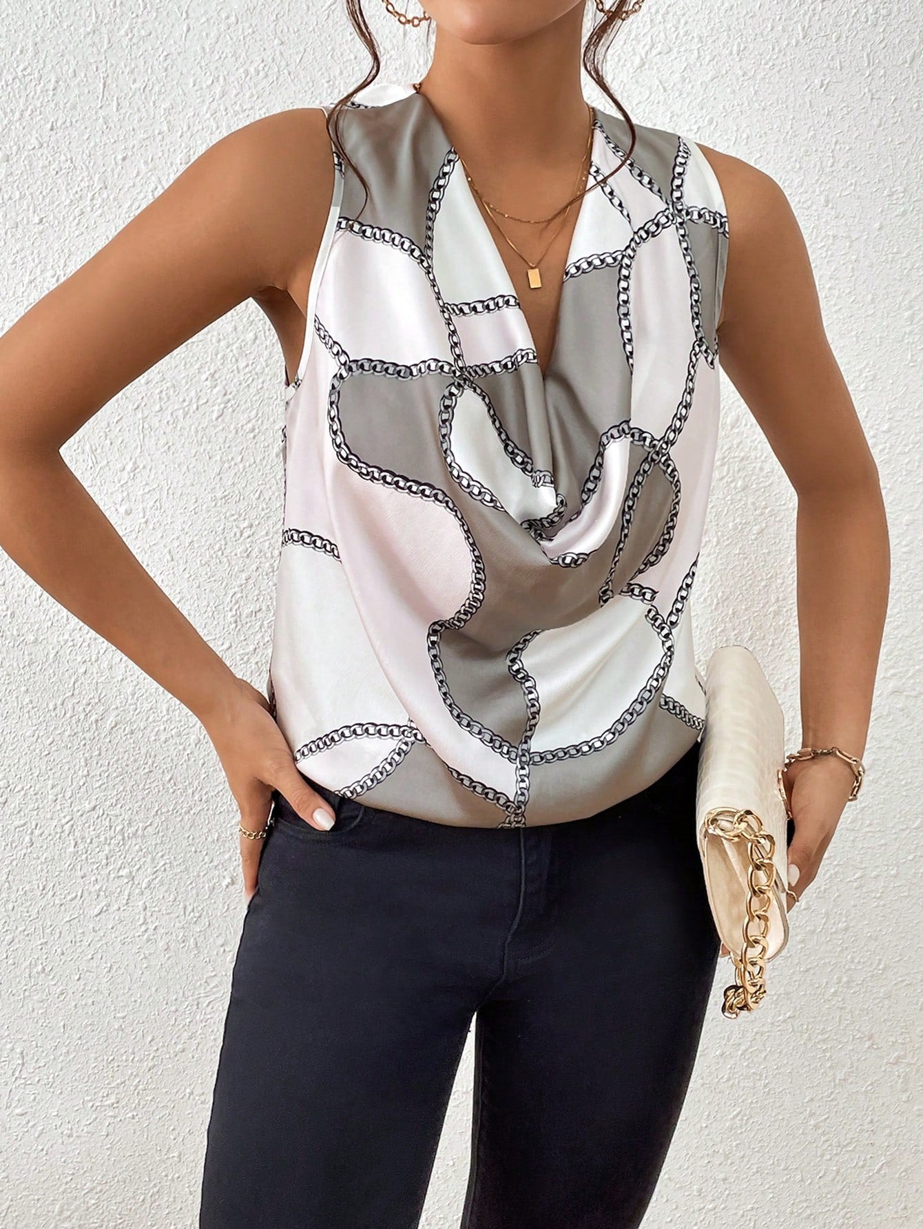 Chain Print Draped Collar Sleeveless Blouse