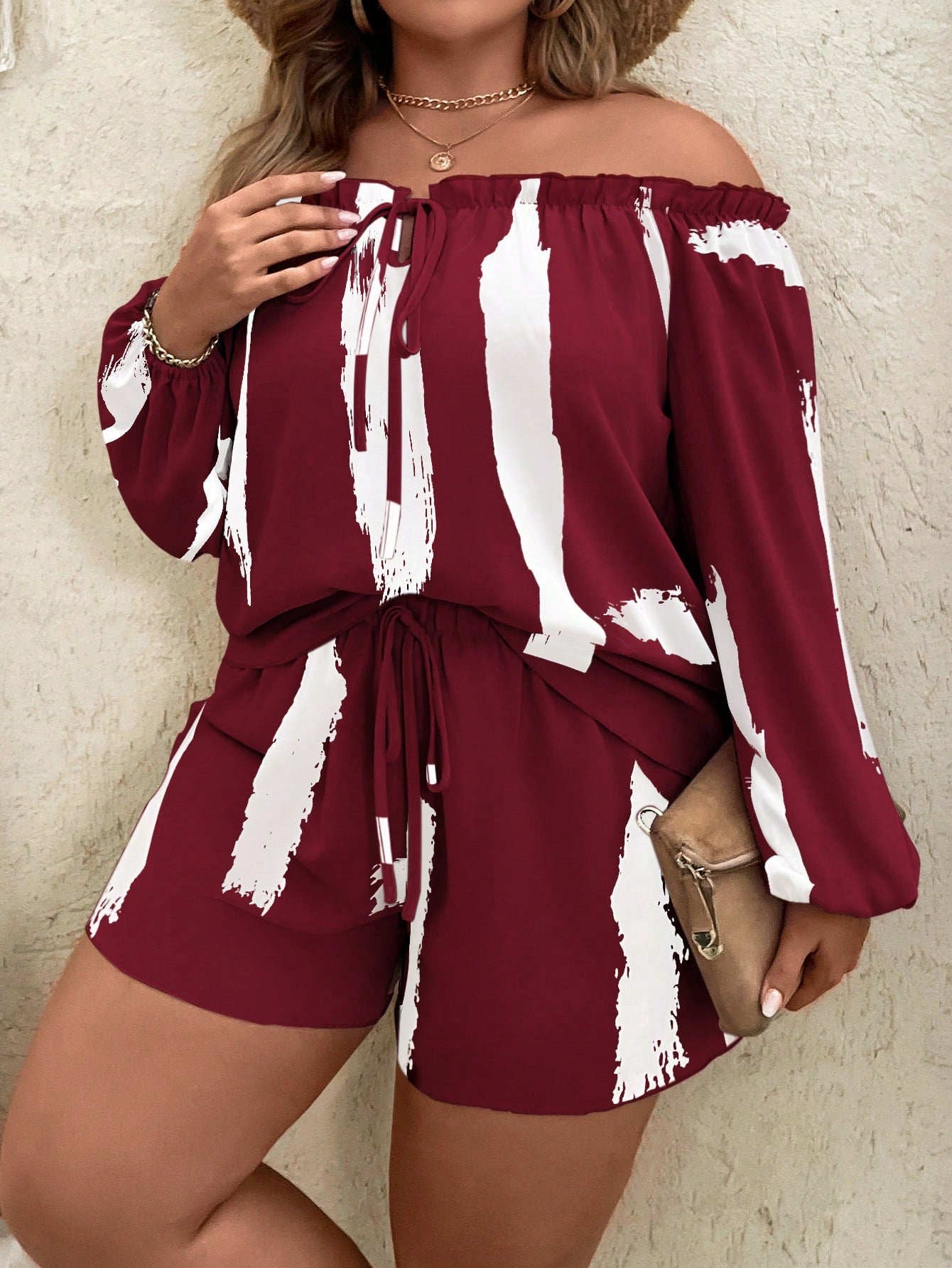 Plus Brush Print Off Shoulder Lantern Sleeve Top Shorts
