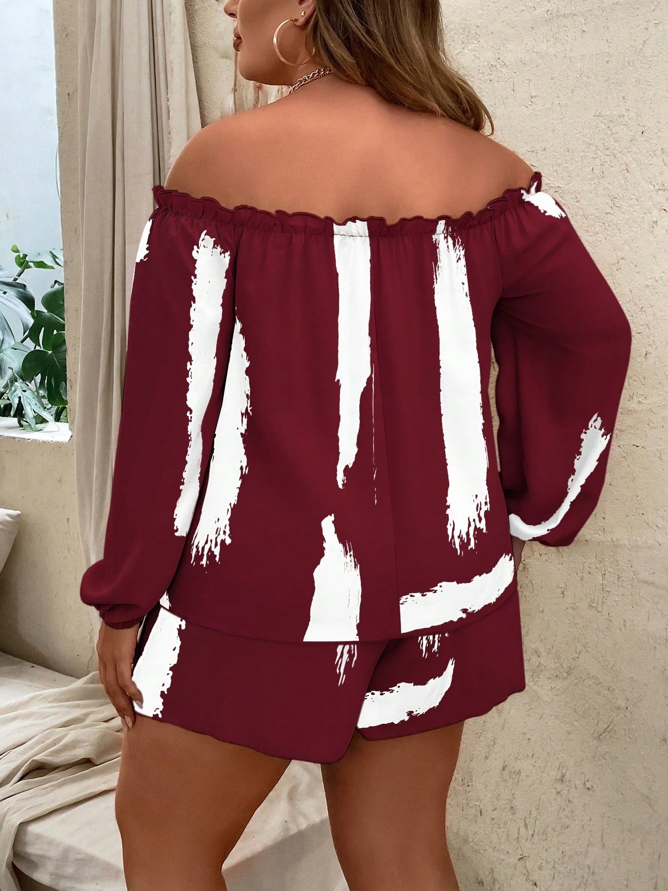 Plus Brush Print Off Shoulder Lantern Sleeve Top Shorts