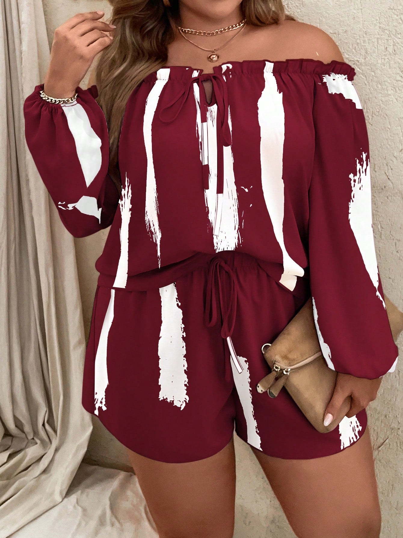 Plus Brush Print Off Shoulder Lantern Sleeve Top Shorts