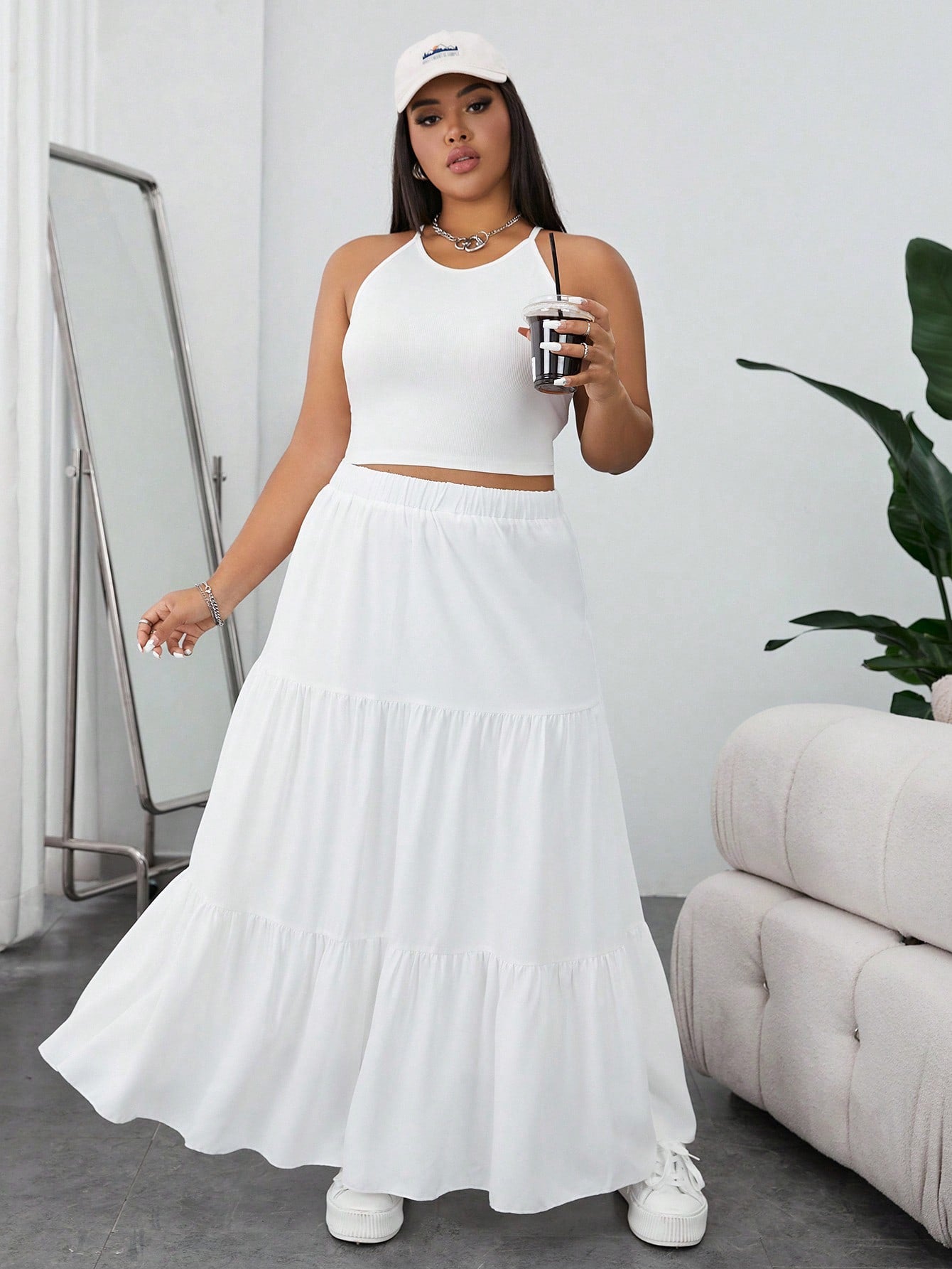 Plus Solid Halter Top Layered Hem Skirt