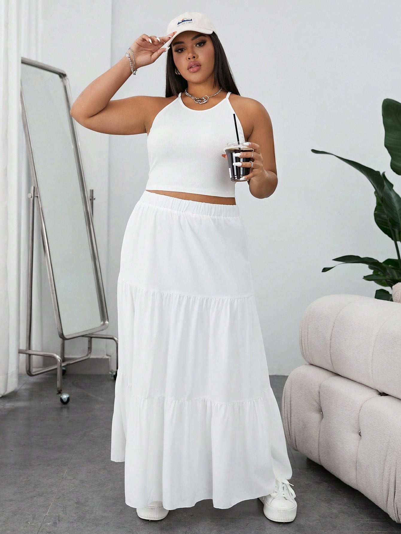Plus Solid Halter Top Layered Hem Skirt