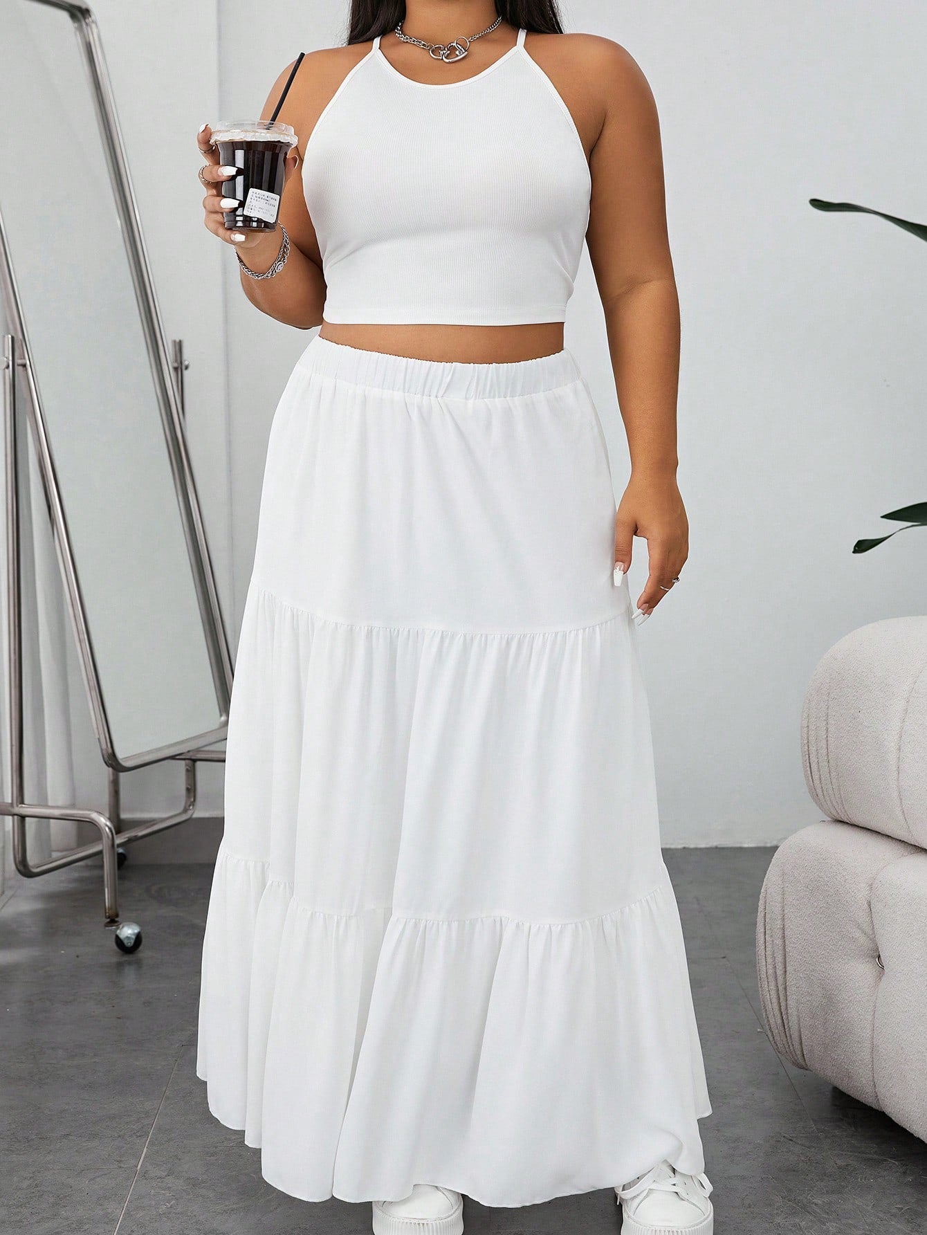 Plus Solid Halter Top Layered Hem Skirt