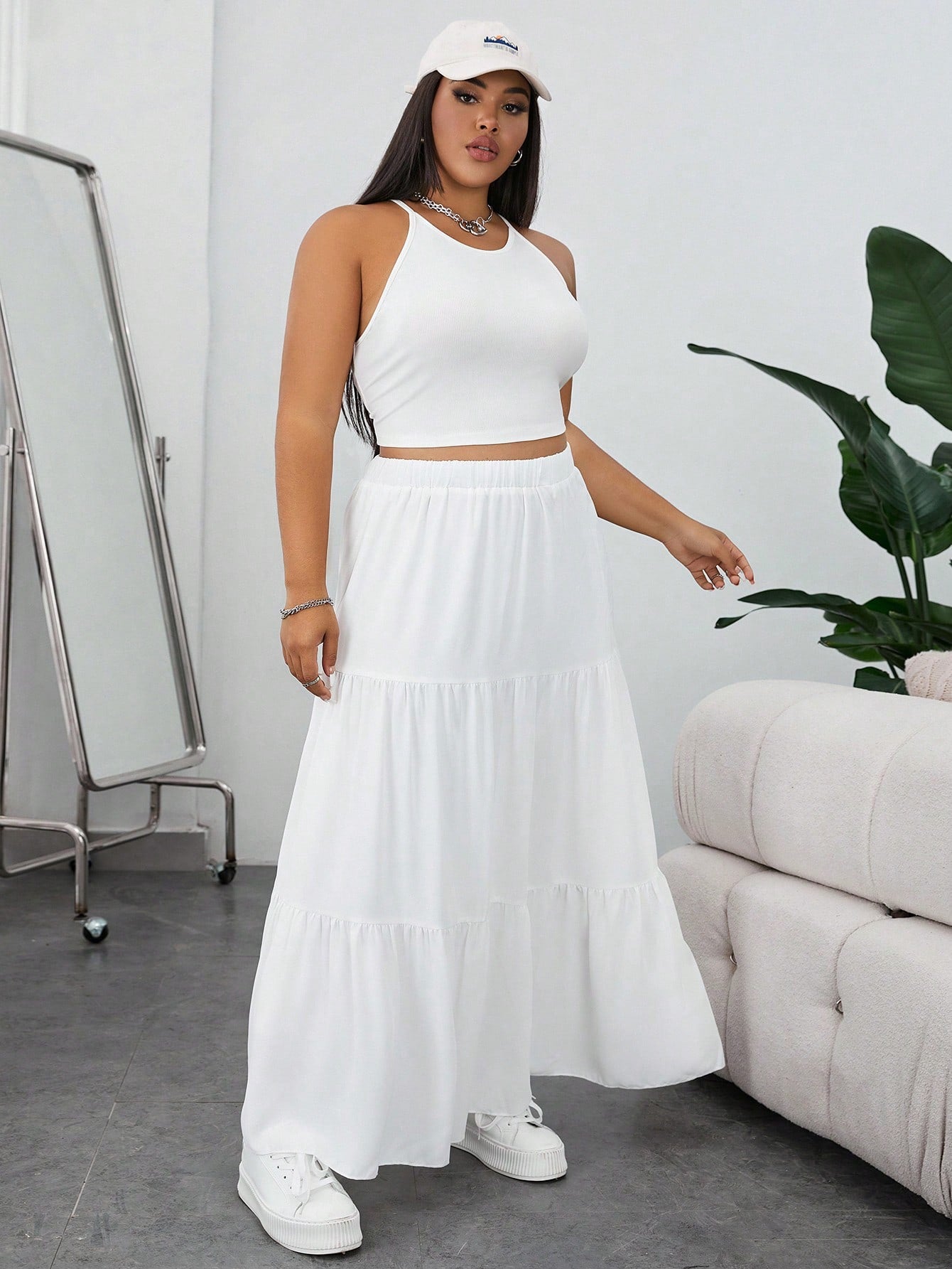 Plus Solid Halter Top Layered Hem Skirt