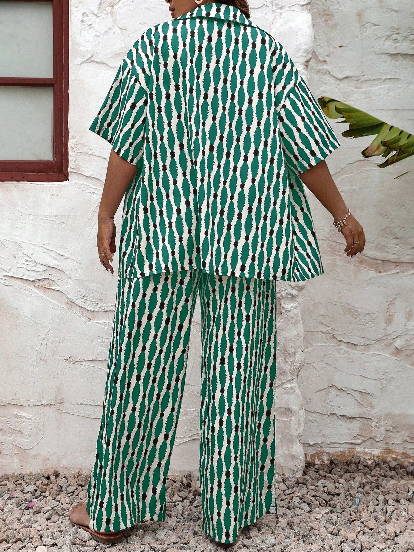 Plus Allover Print Shirt Wide Leg Pants