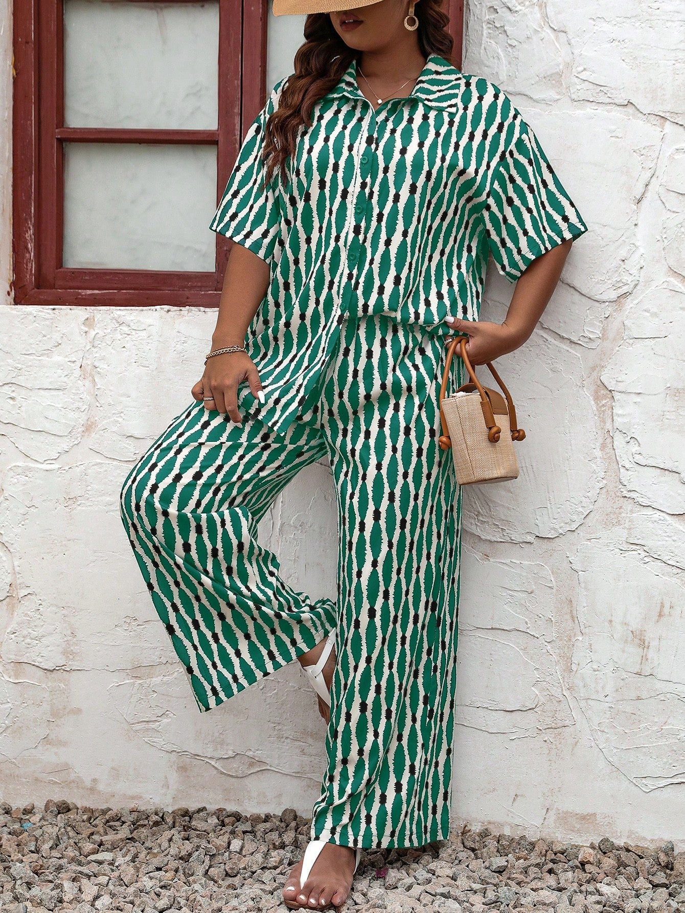 Plus Allover Print Shirt Wide Leg Pants