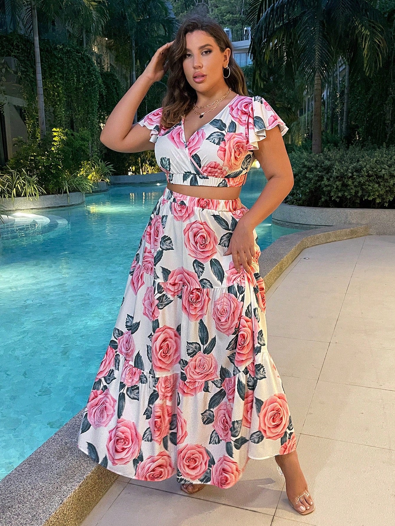 Plus Floral Print Butterfly Sleeve Crop Top Ruffle Hem Skirt