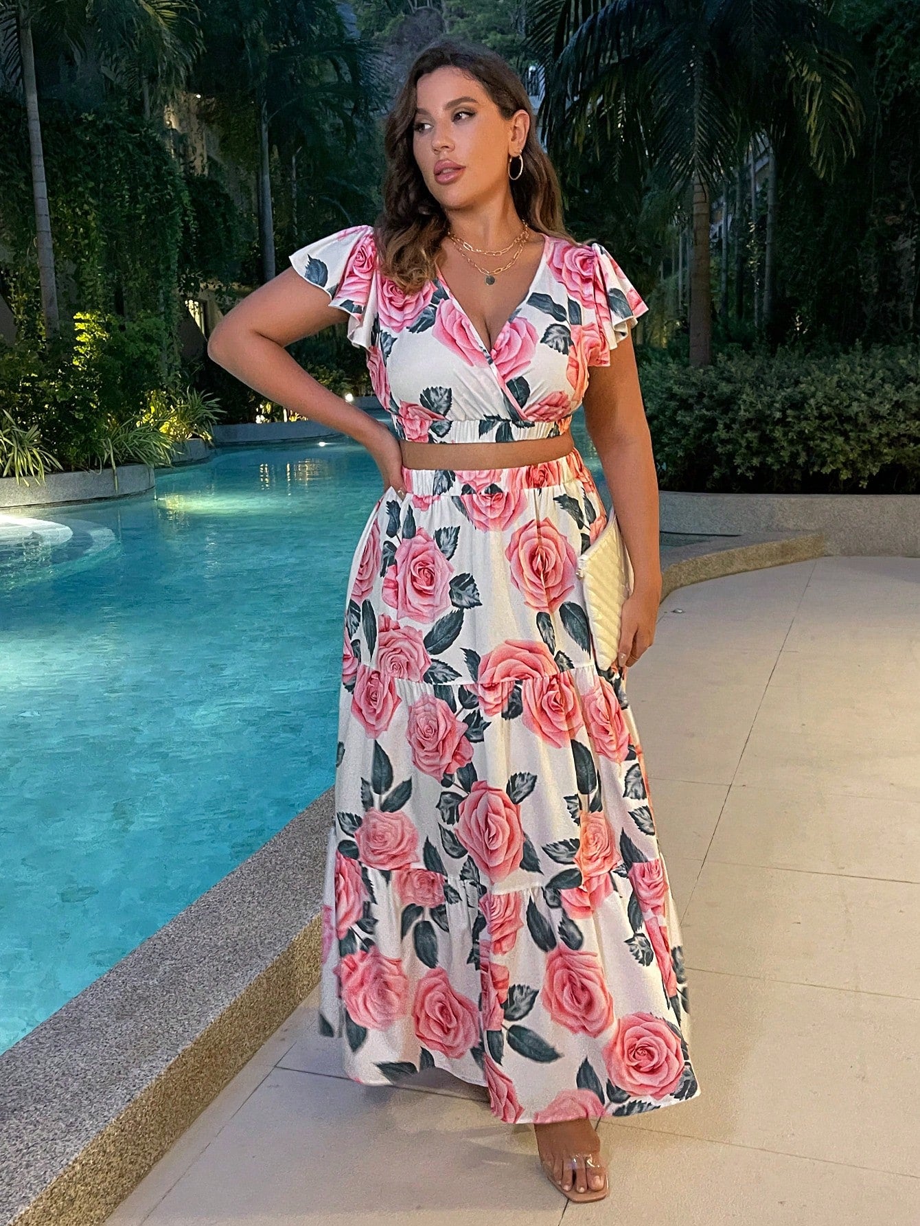 Plus Floral Print Butterfly Sleeve Crop Top Ruffle Hem Skirt
