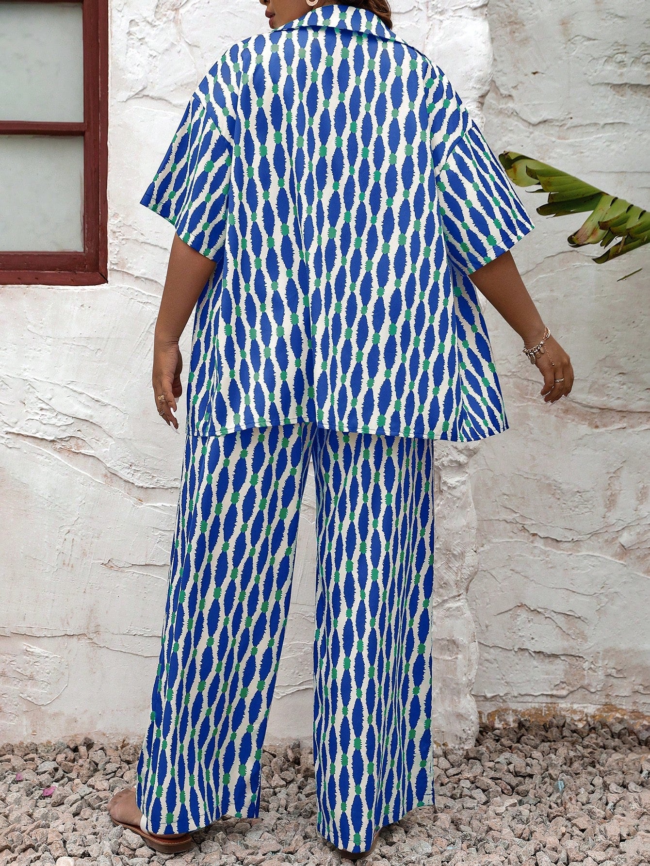 Plus Allover Print Shirt Wide Leg Pants