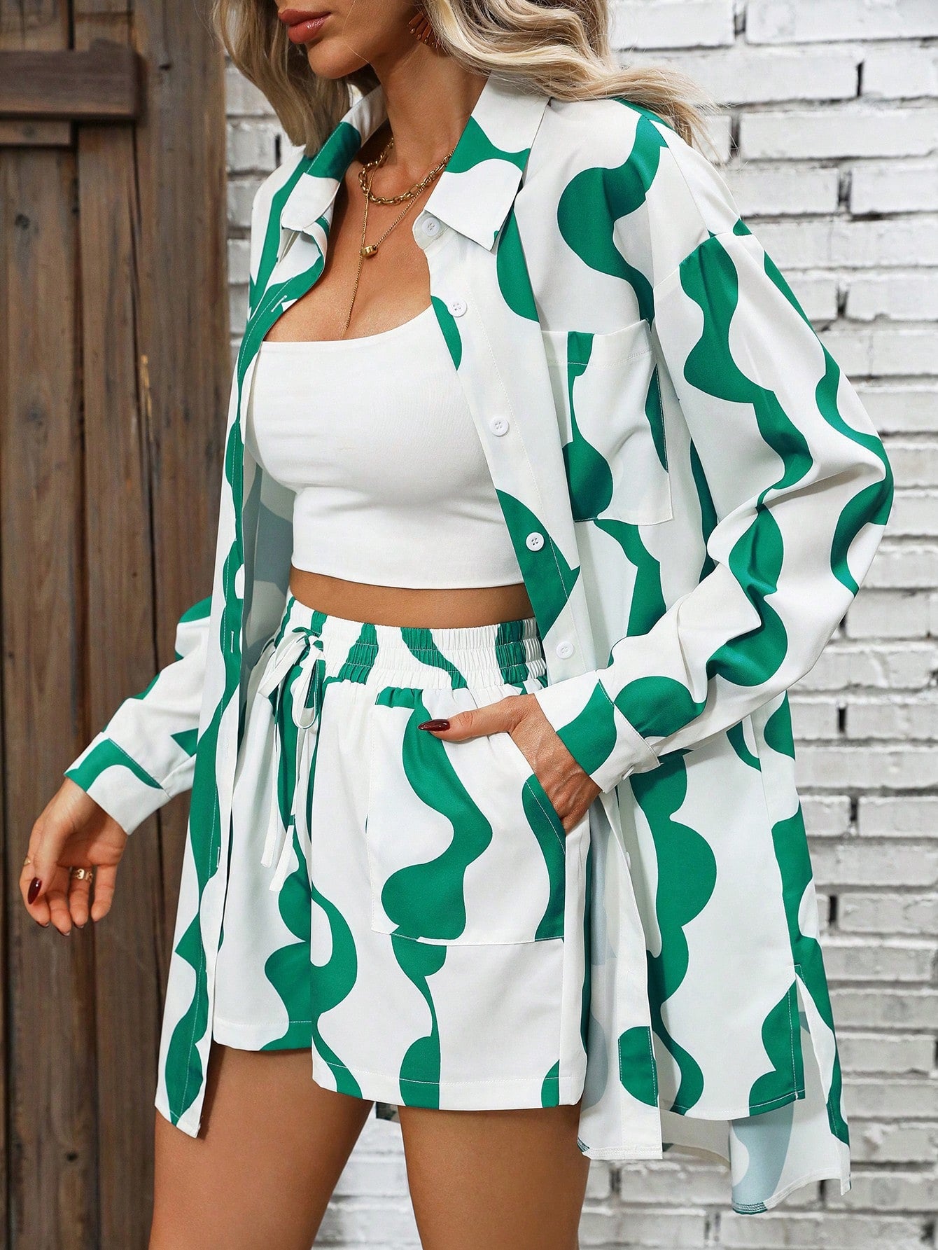 All Over Print Shirt Drawstring Waist Shorts