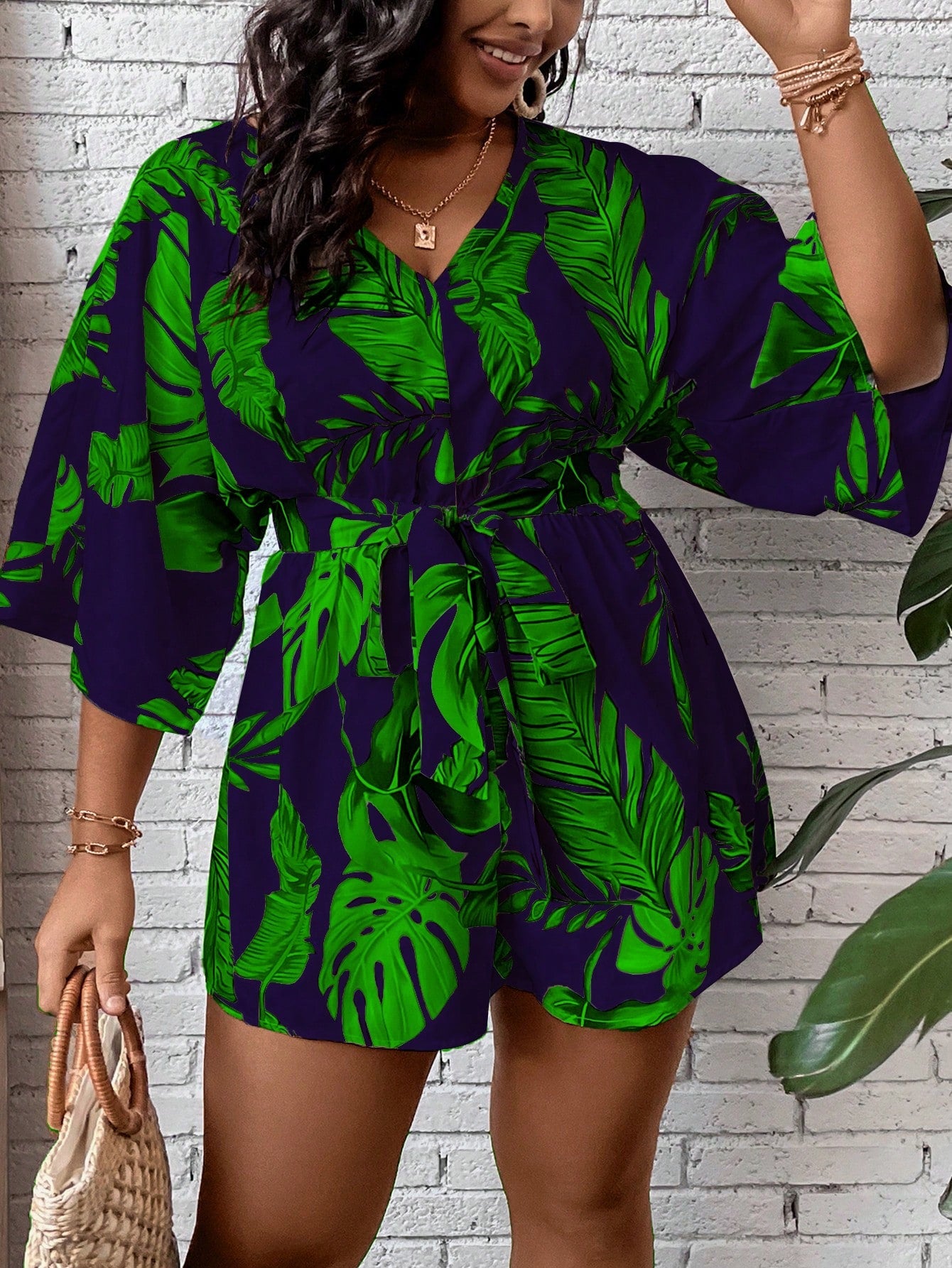 Plus Tropical Print Belted Romper