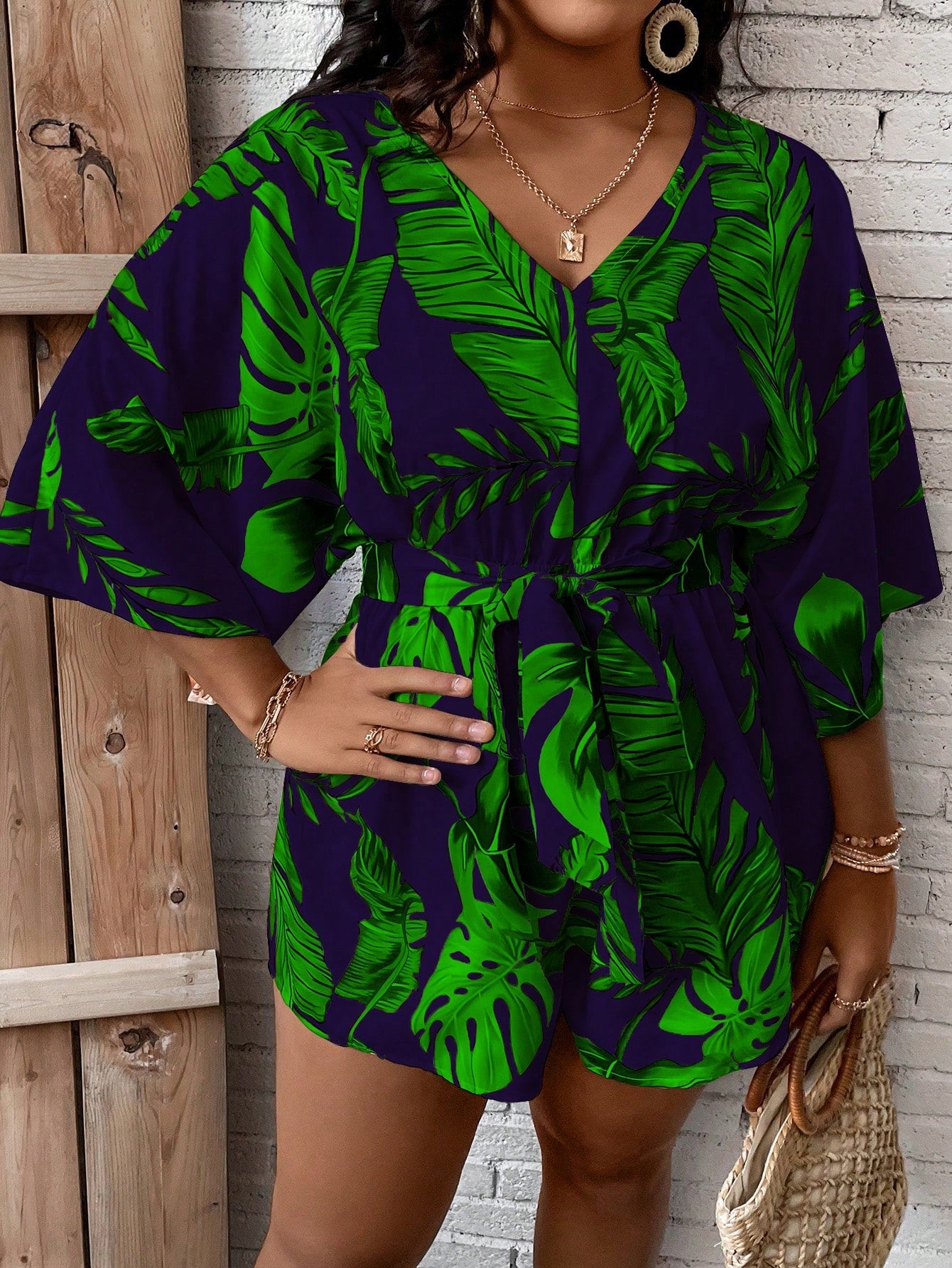 Plus Tropical Print Belted Romper