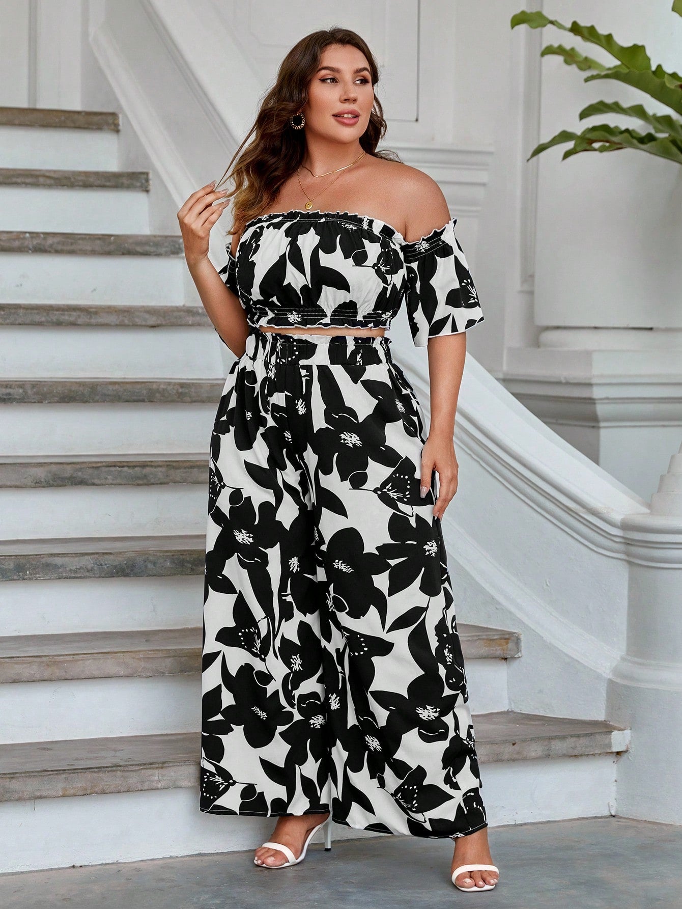 Plus Floral Print Off Shoulder Crop Top Wide Leg Pants