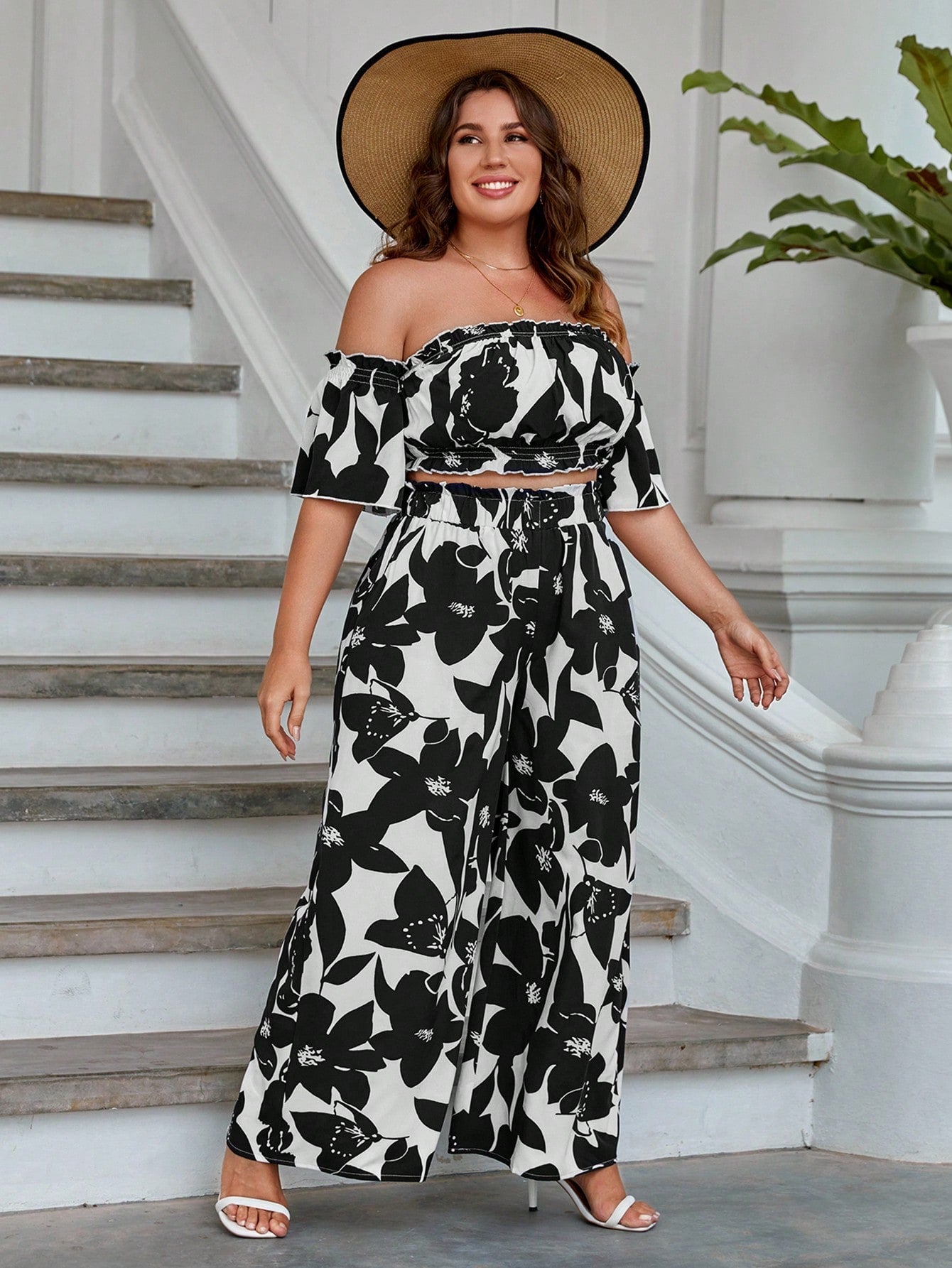 Plus Floral Print Off Shoulder Crop Top Wide Leg Pants