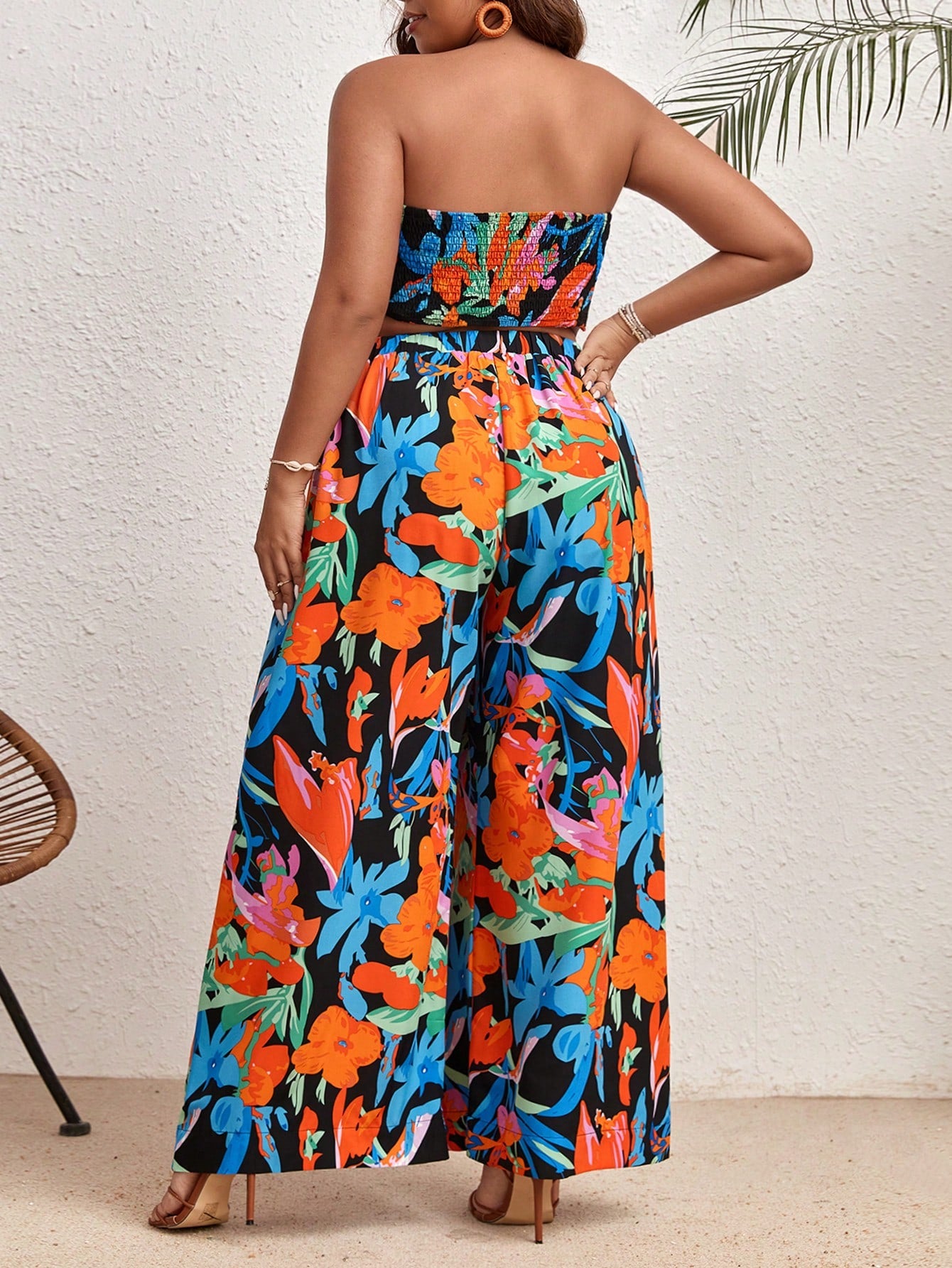Plus Floral Print Knot Front Tube Top Wide Leg Pants