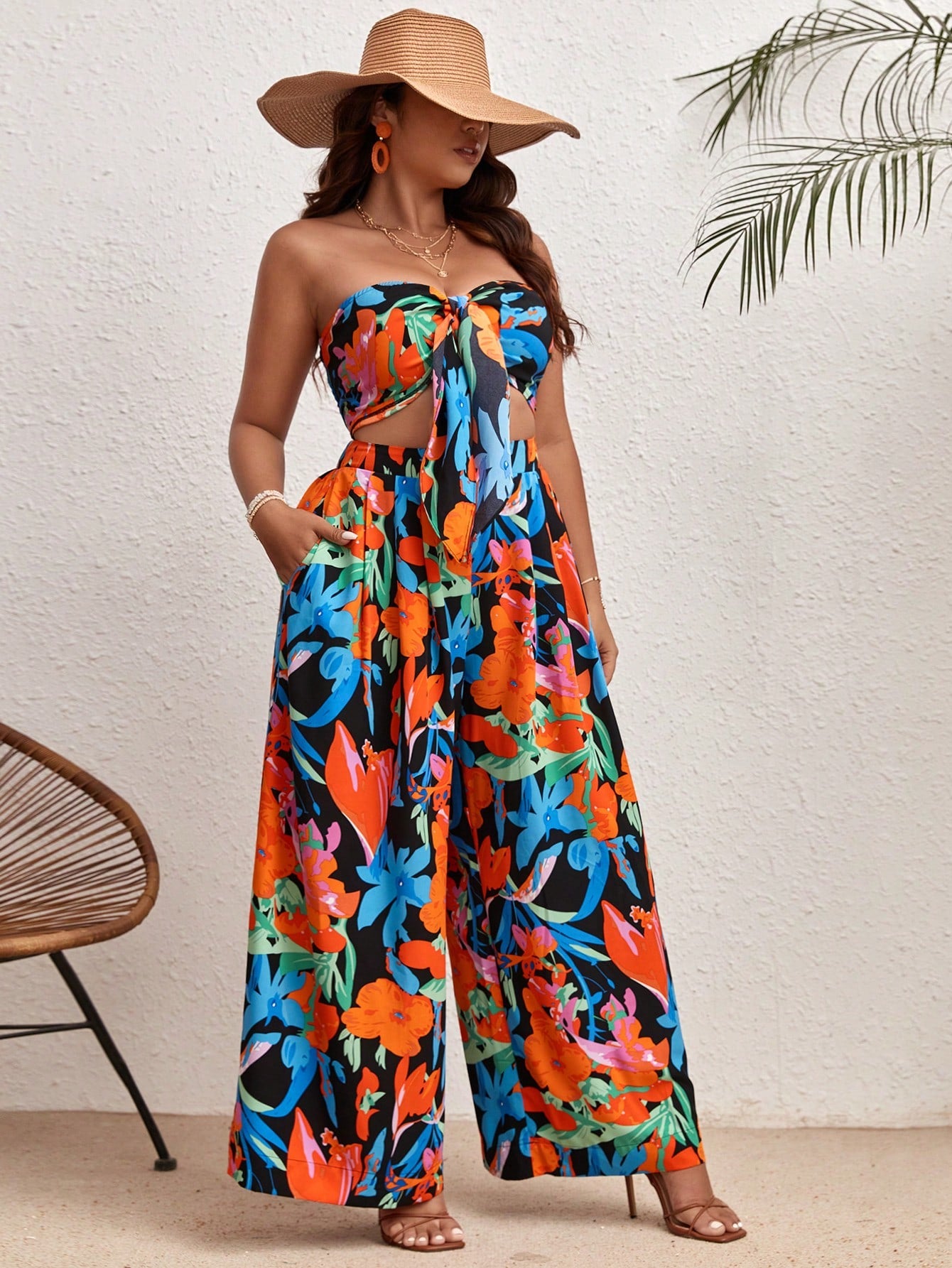 Plus Floral Print Knot Front Tube Top Wide Leg Pants