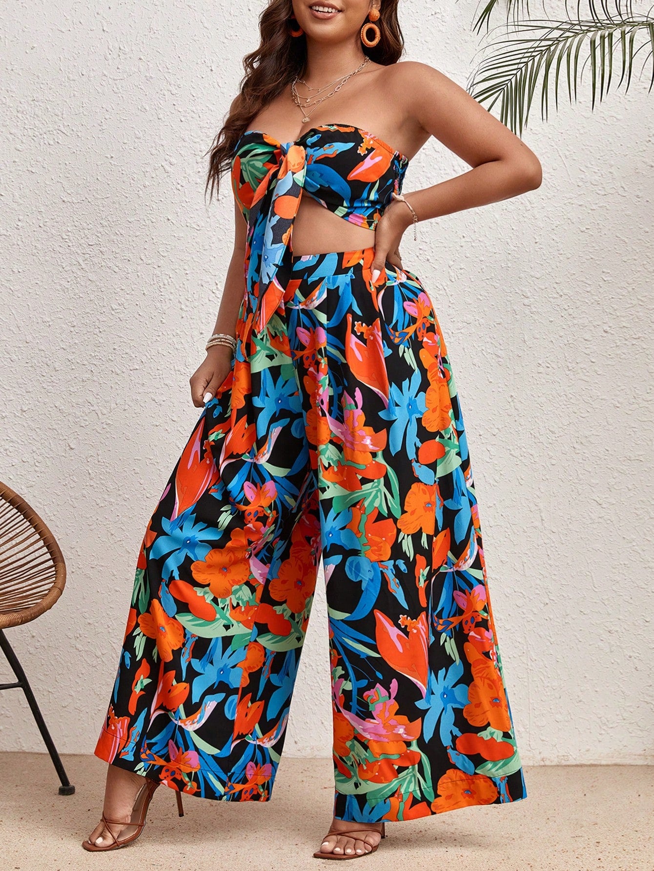 Plus Floral Print Knot Front Tube Top Wide Leg Pants