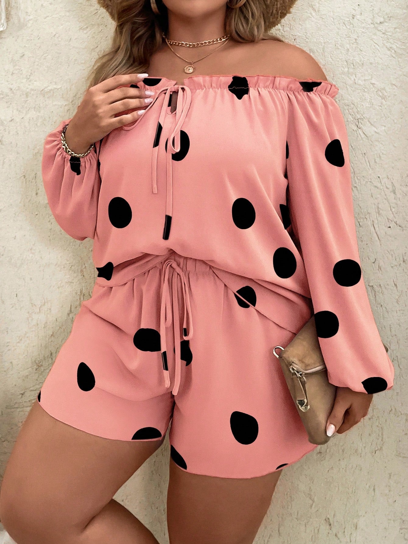 Plus Polka Dot Print Off Shoulder Lantern Sleeve Blouse Tie Front Shorts