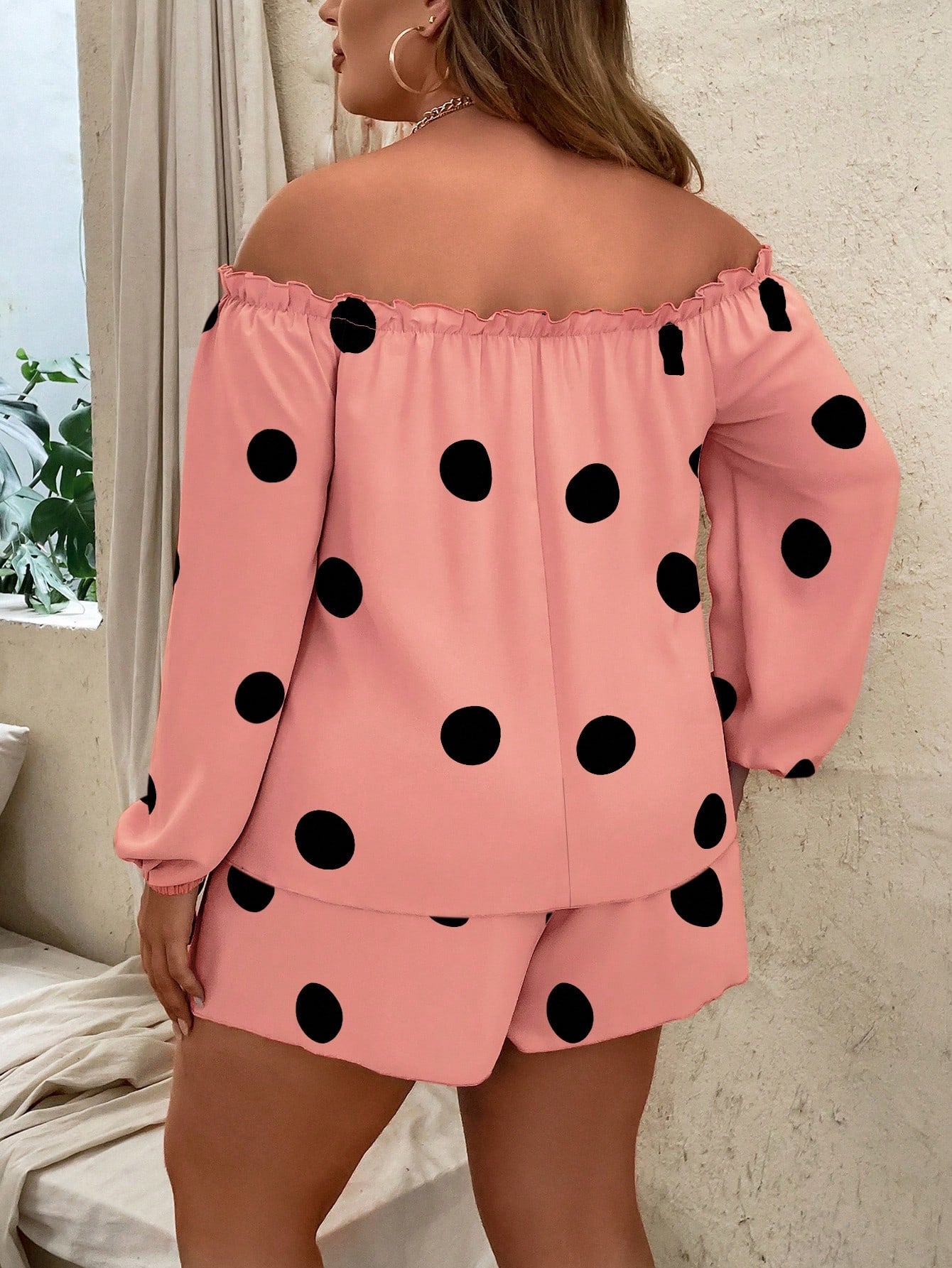 Plus Polka Dot Print Off Shoulder Lantern Sleeve Blouse Tie Front Shorts