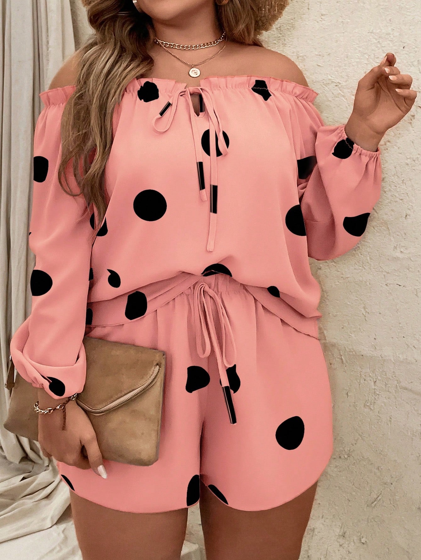 Plus Polka Dot Print Off Shoulder Lantern Sleeve Blouse Tie Front Shorts