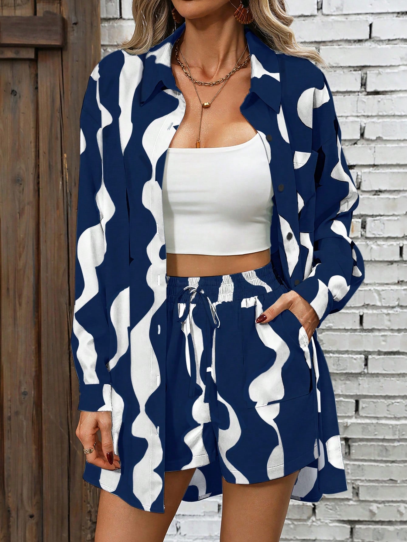 All Over Print Shirt Drawstring Waist Shorts
