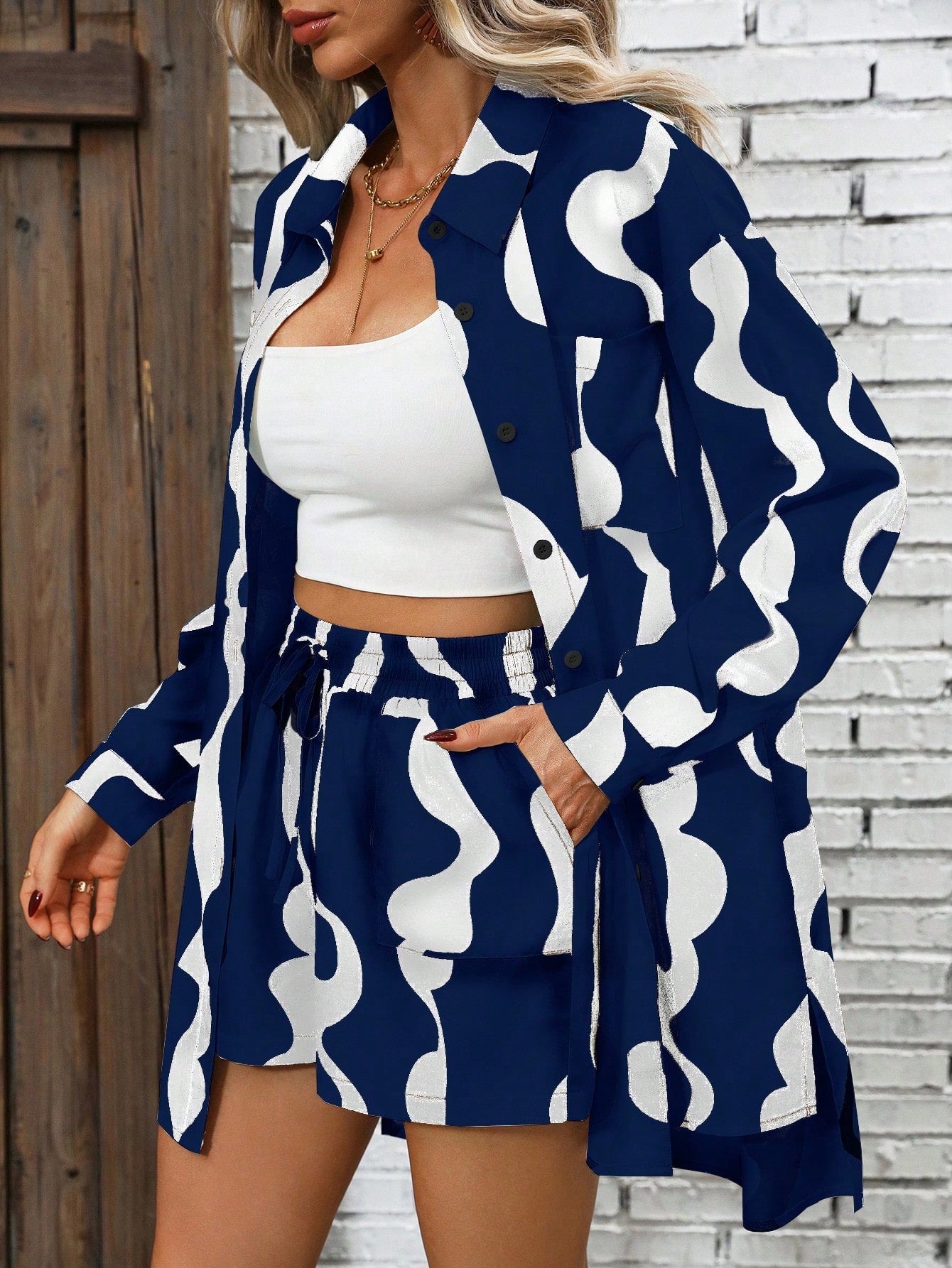 All Over Print Shirt Drawstring Waist Shorts
