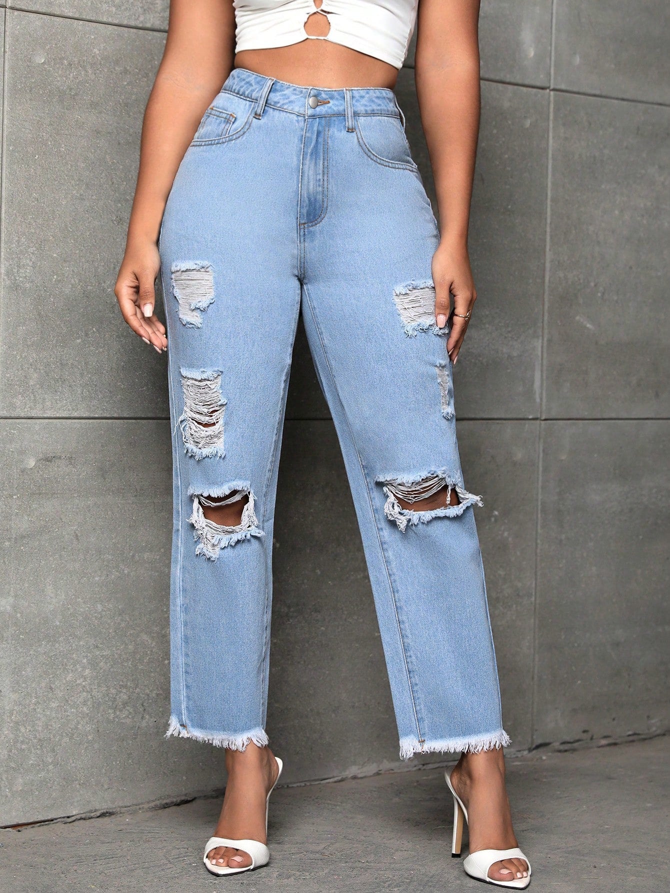 Ripped Raw Hem Straight Leg Jeans
