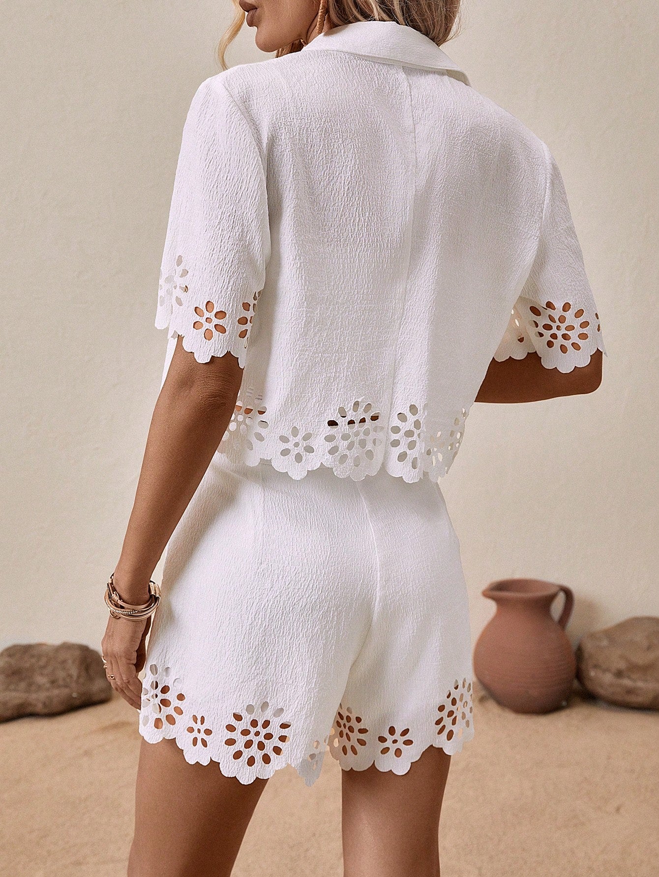 Laser Cut Out Blouse Shorts