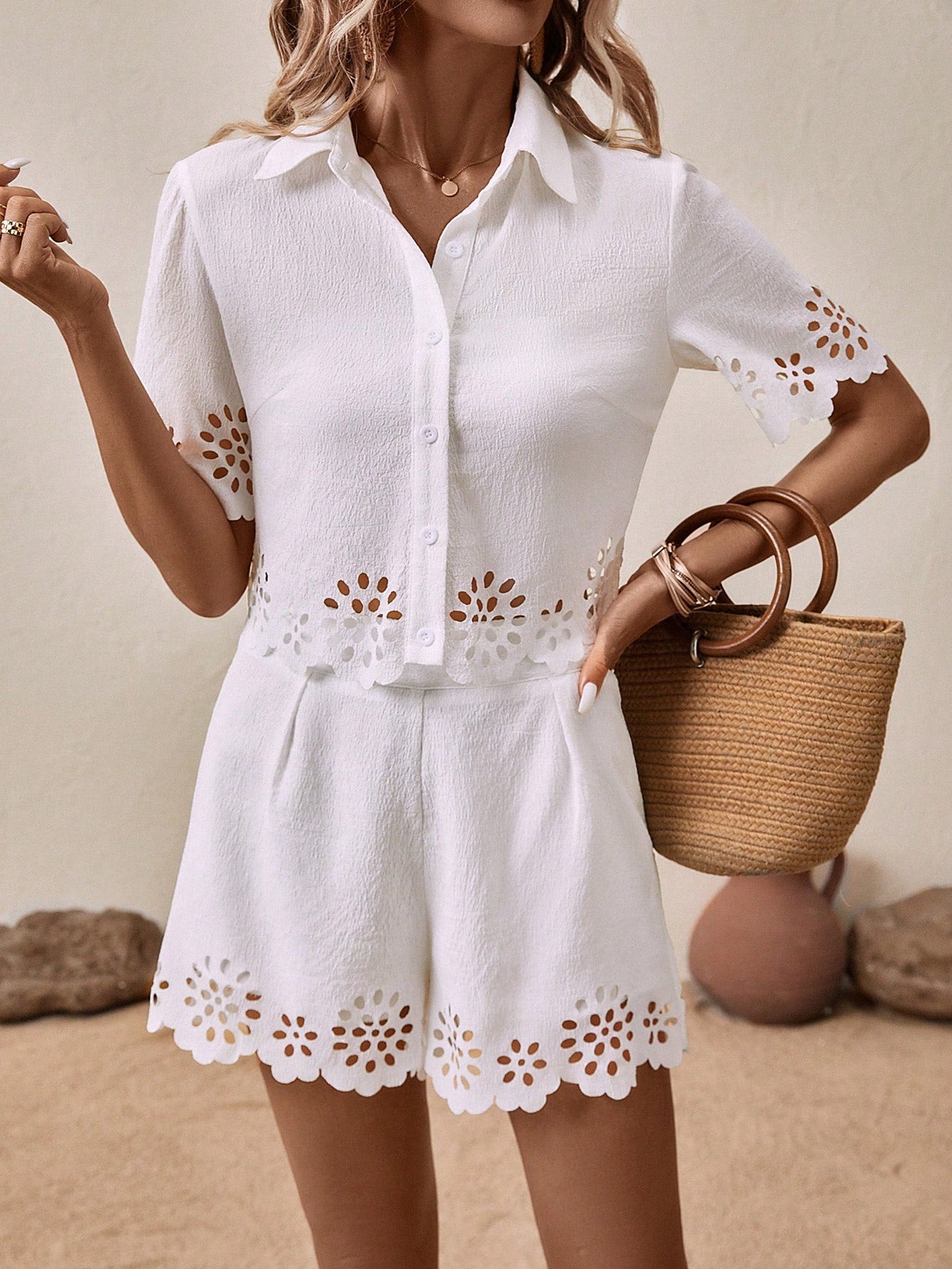 Laser Cut Out Blouse Shorts