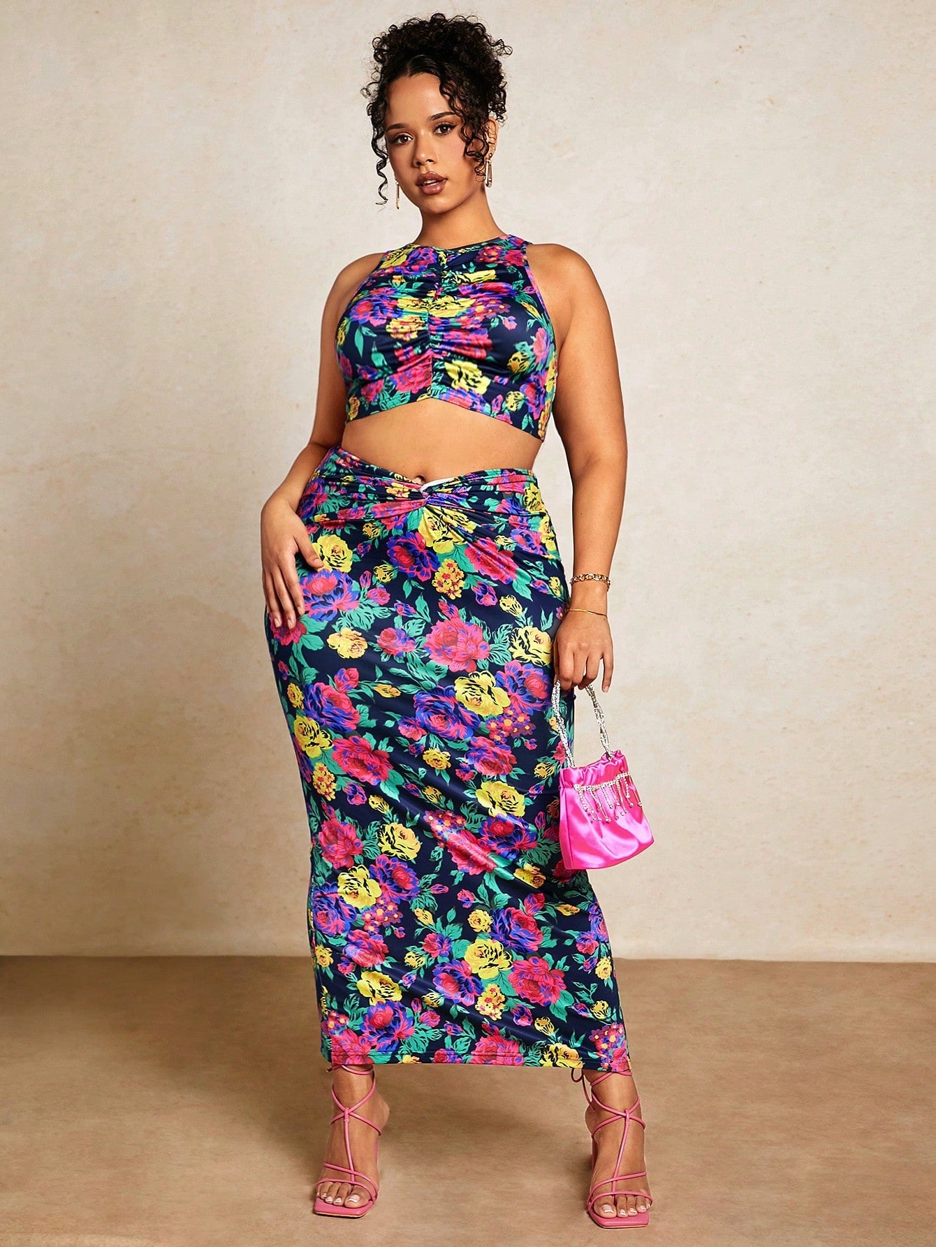 Plus Floral Print Crop Tank Top Pencil Skirt