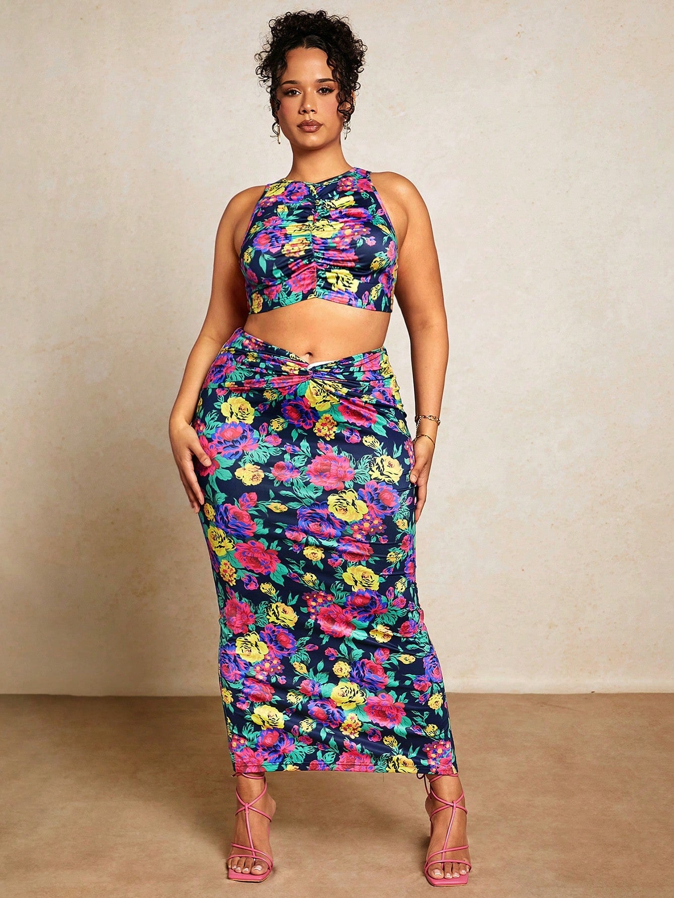 Plus Floral Print Crop Tank Top Pencil Skirt