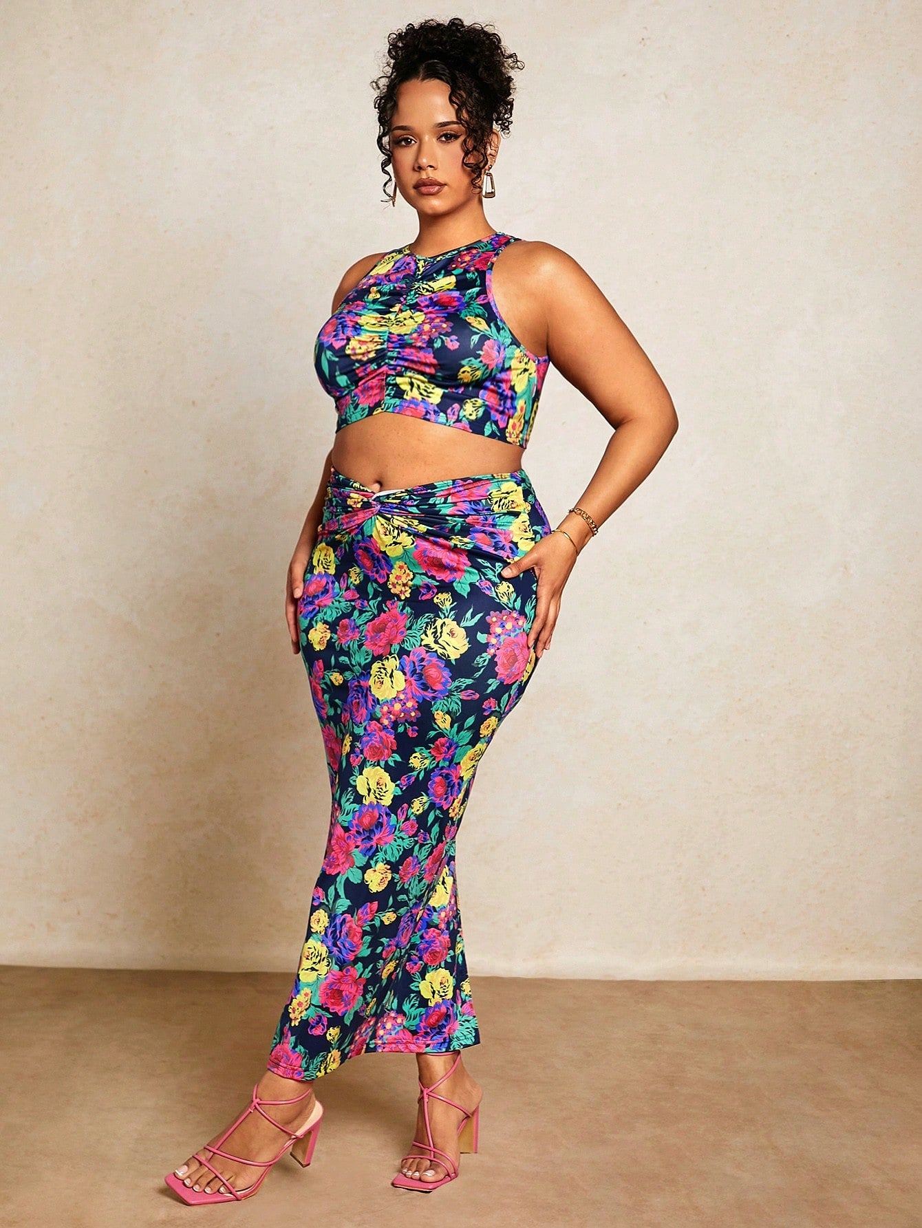 Plus Floral Print Crop Tank Top Pencil Skirt