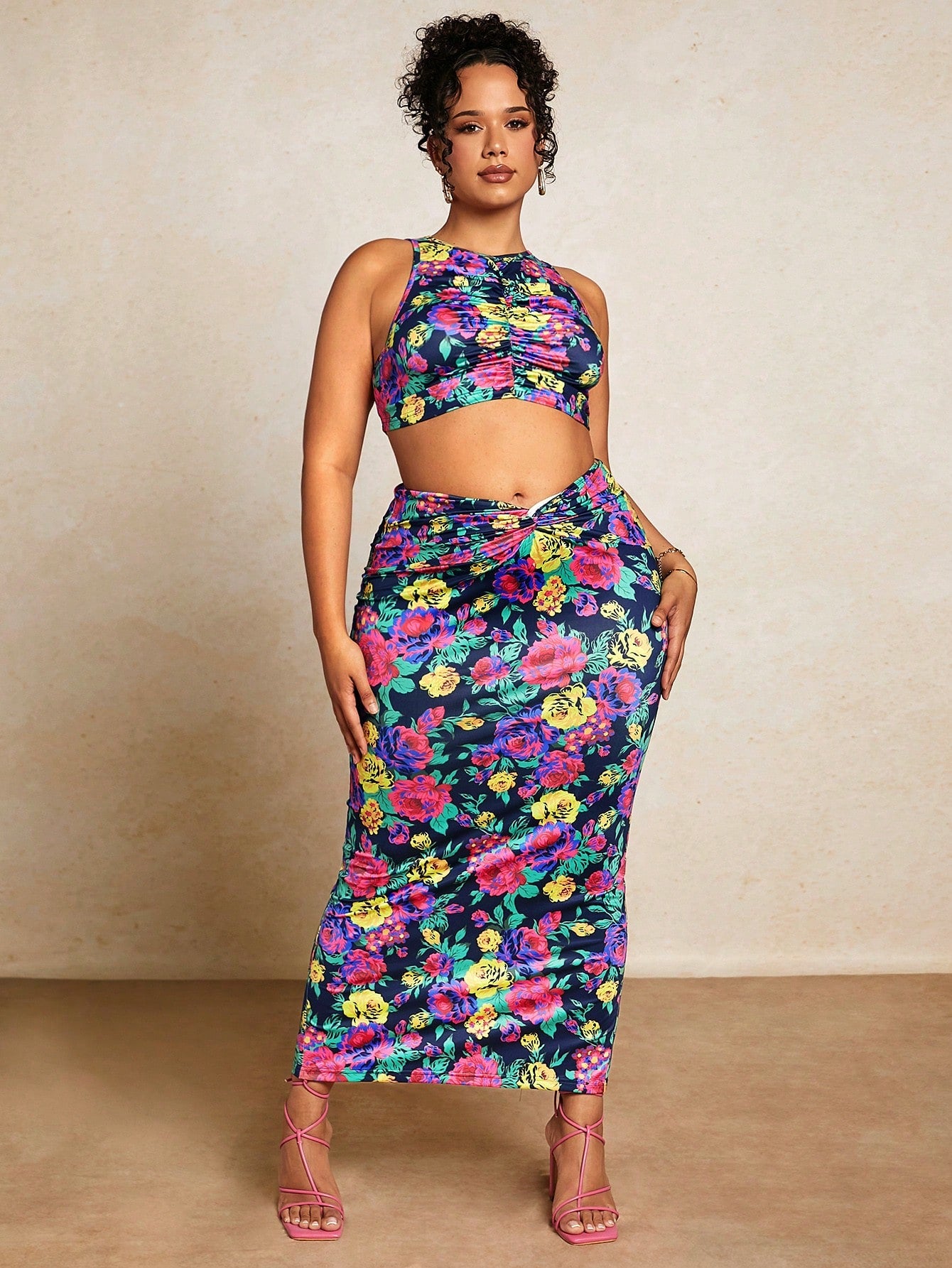 Plus Floral Print Crop Tank Top Pencil Skirt