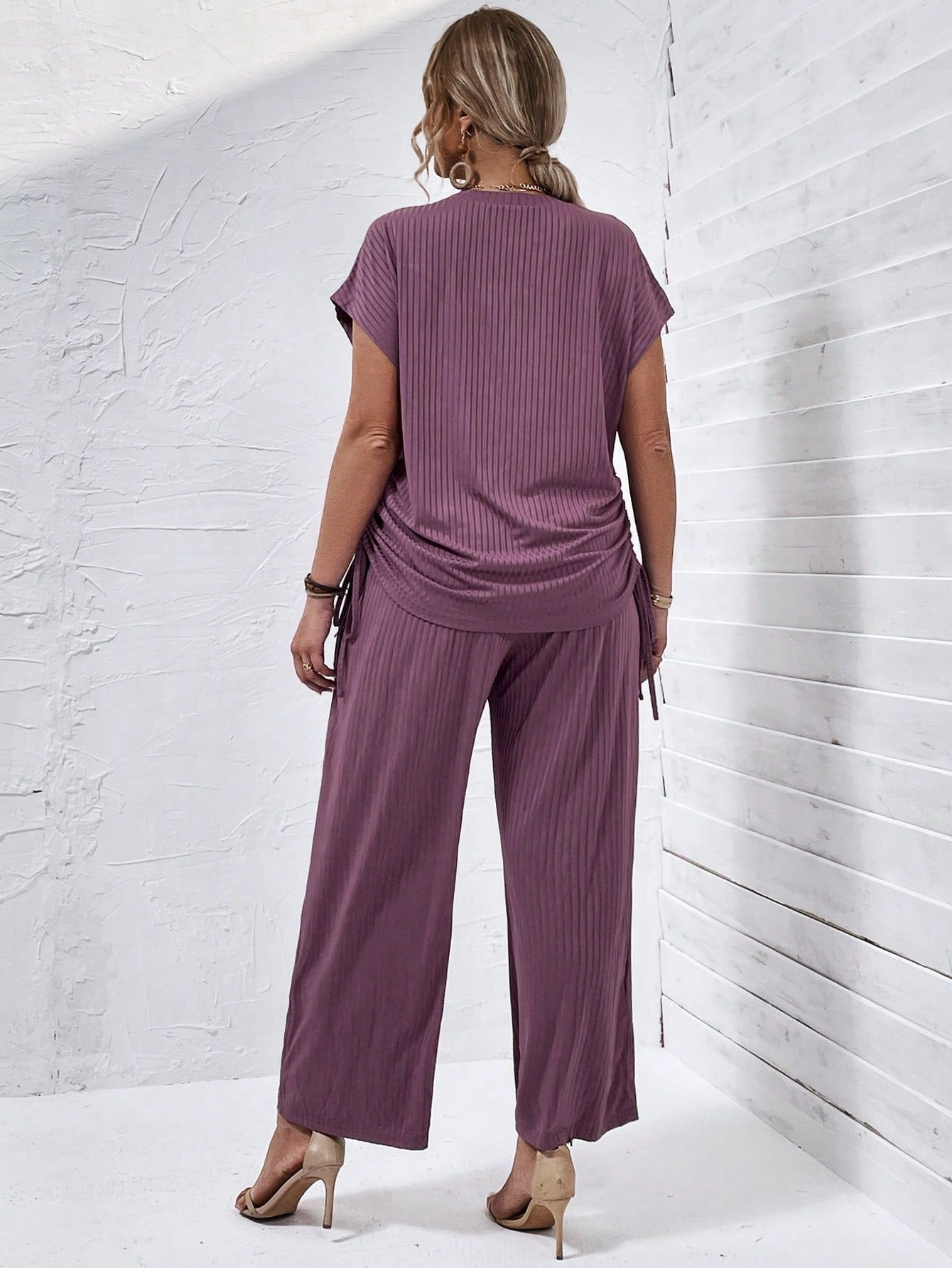 Plus Drawstring Side Batwing Sleeve Tee Pants