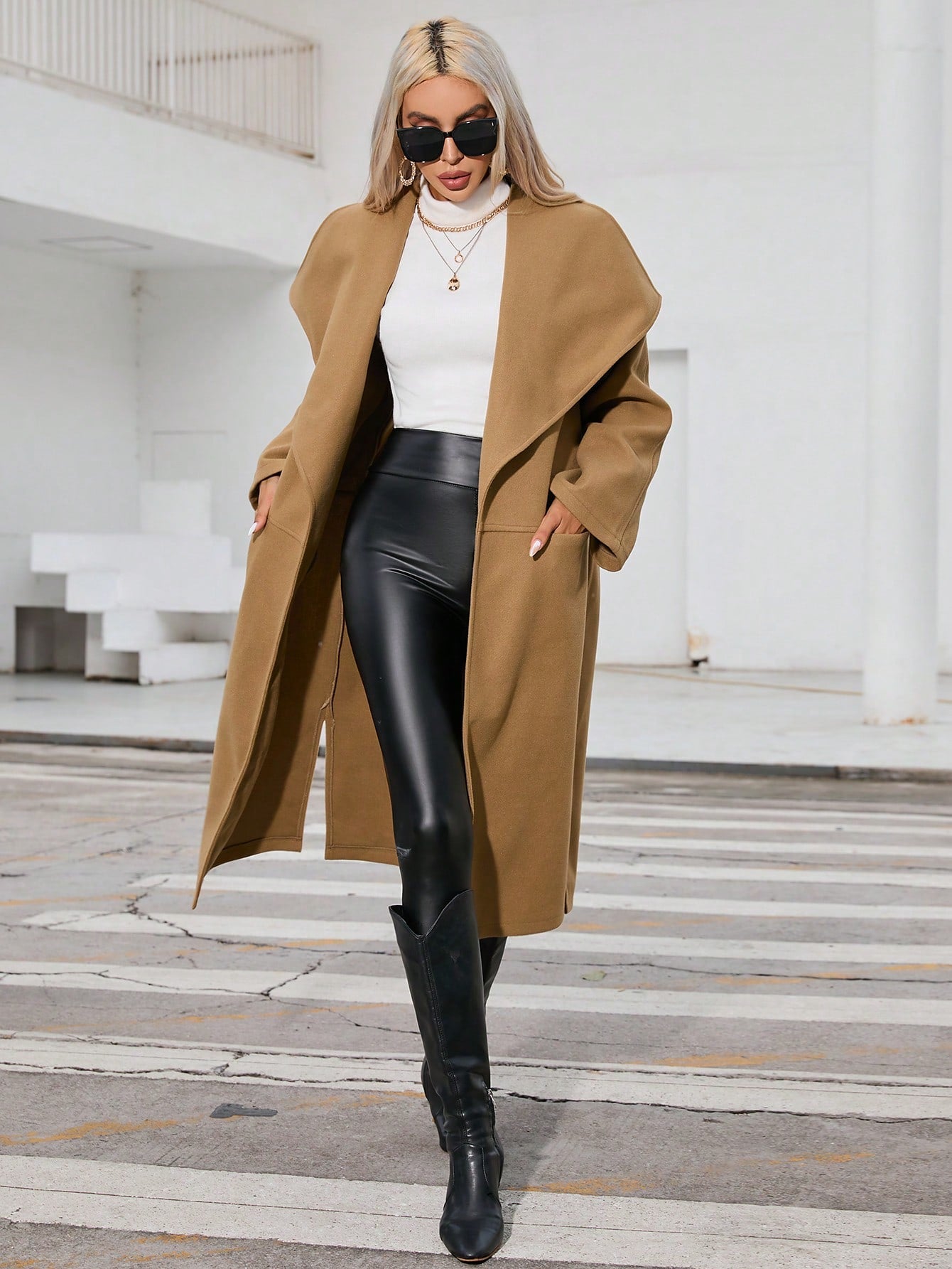 Waterfall Collar Slant Pocket Overcoat