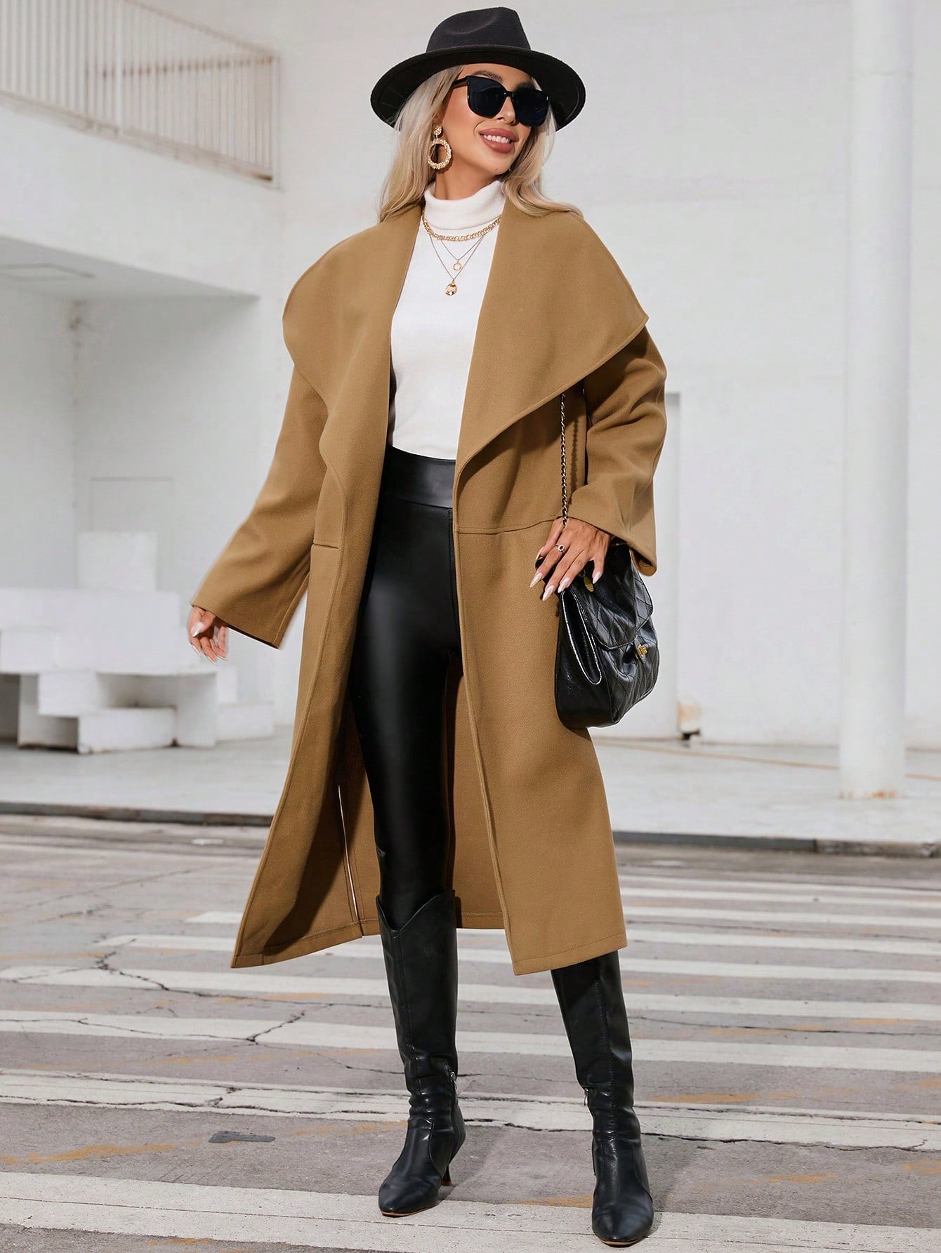 Waterfall Collar Slant Pocket Overcoat