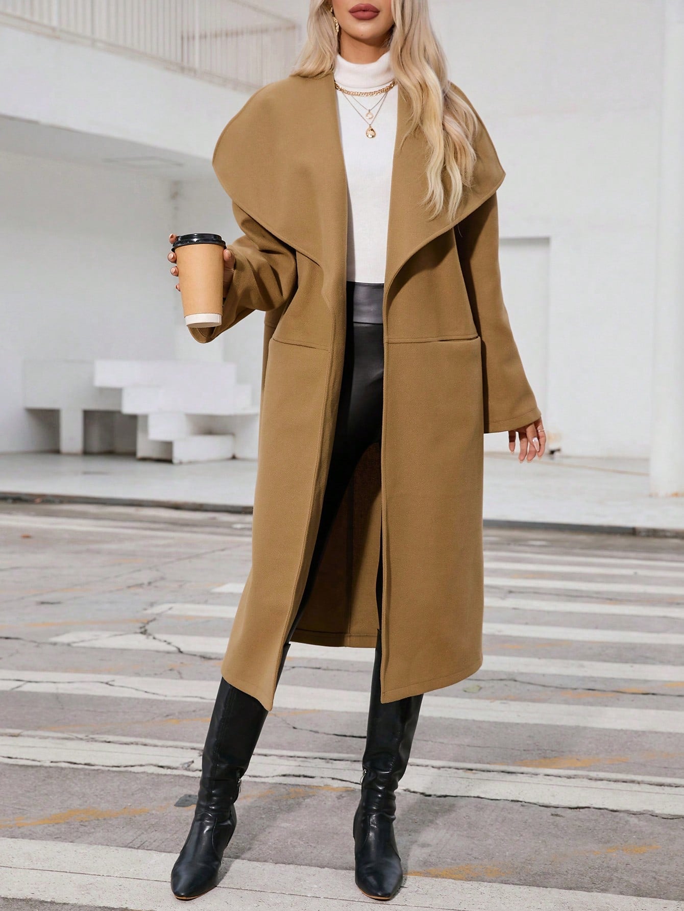 Waterfall Collar Slant Pocket Overcoat
