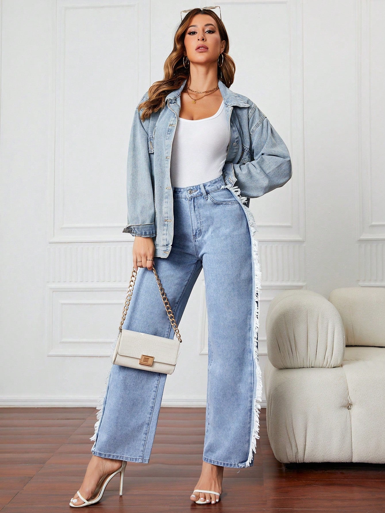 Fringe Trim Wide Leg Jeans
