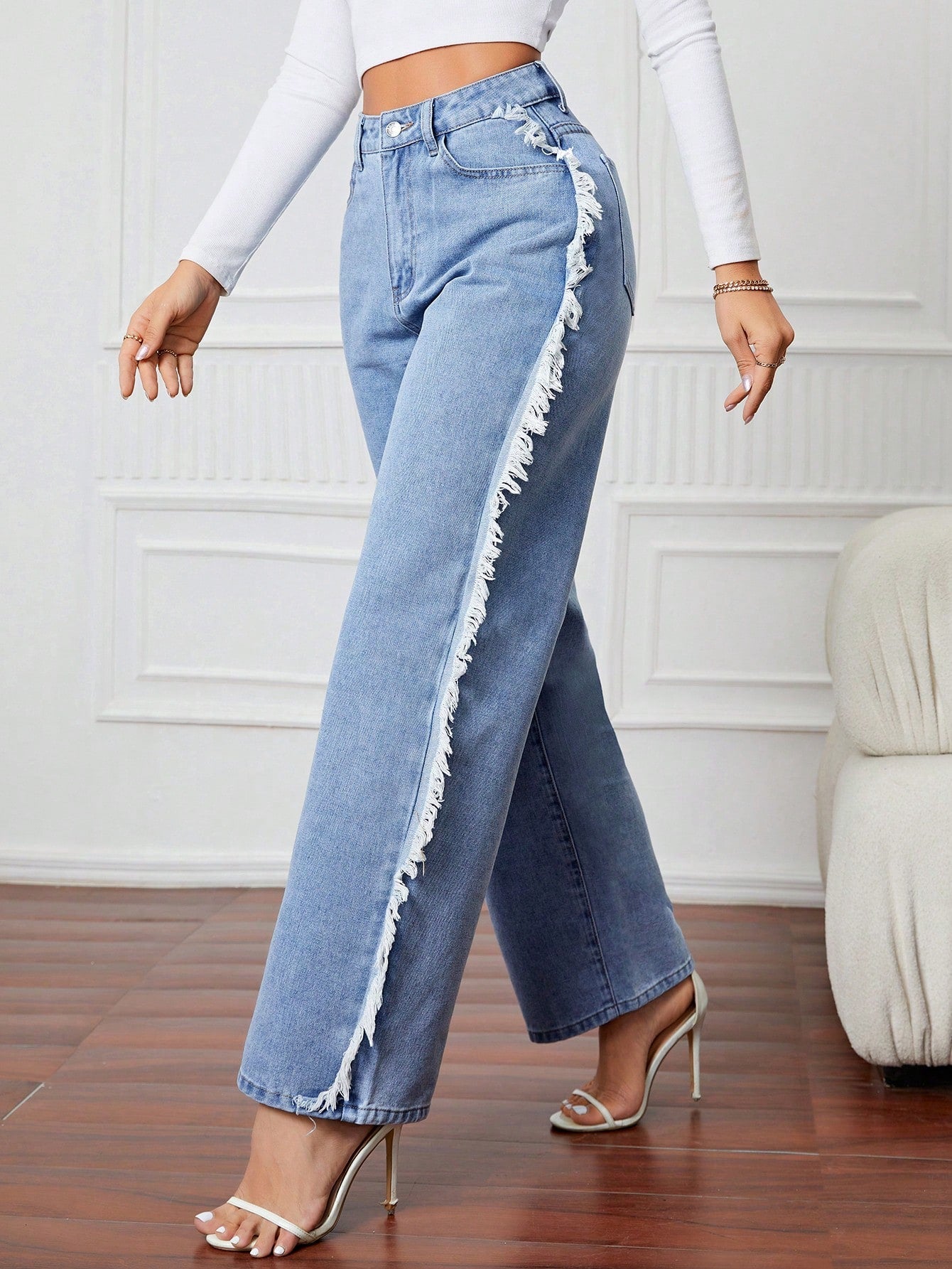 Fringe Trim Wide Leg Jeans